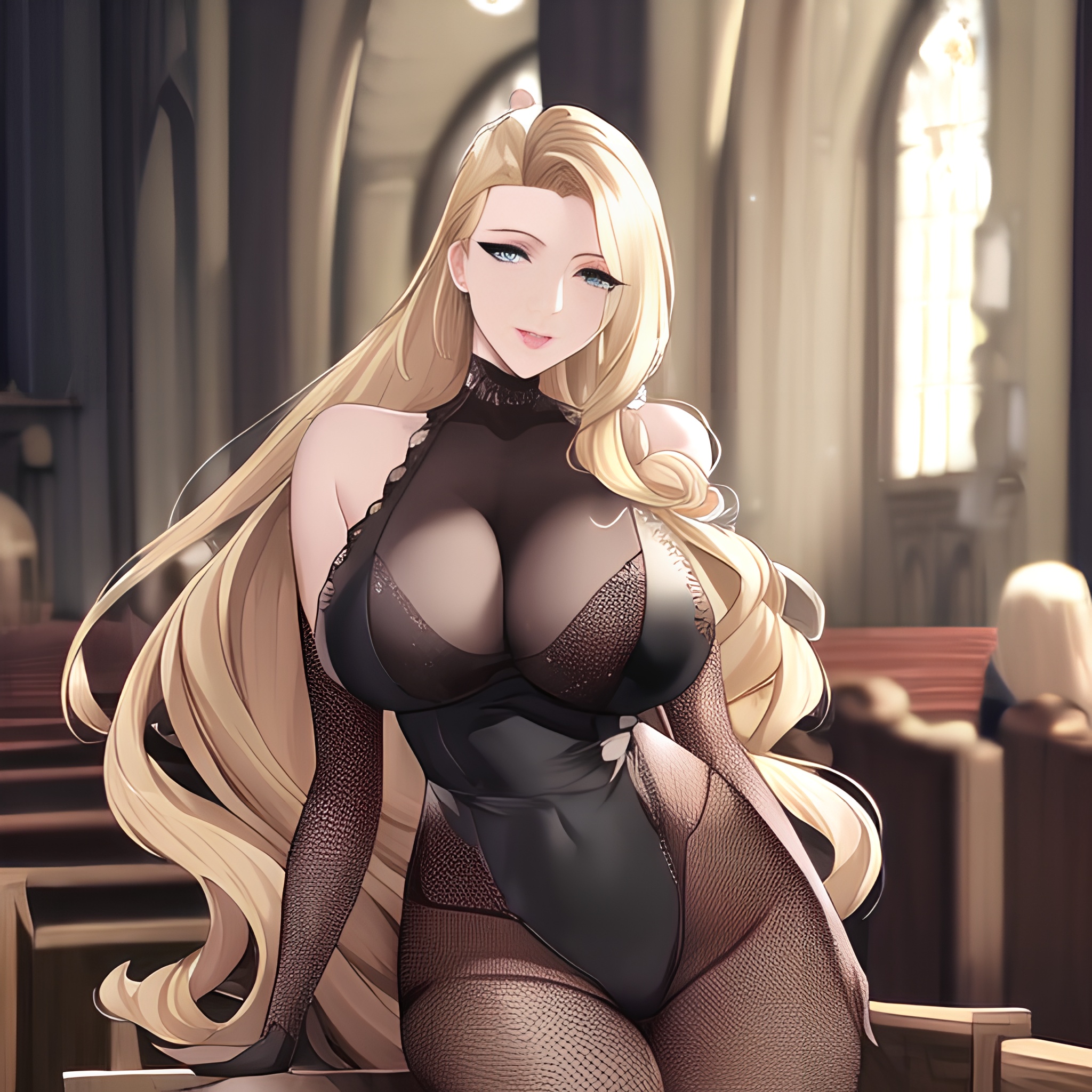 long hair nude small boobs woman fishnet blonde front view church 