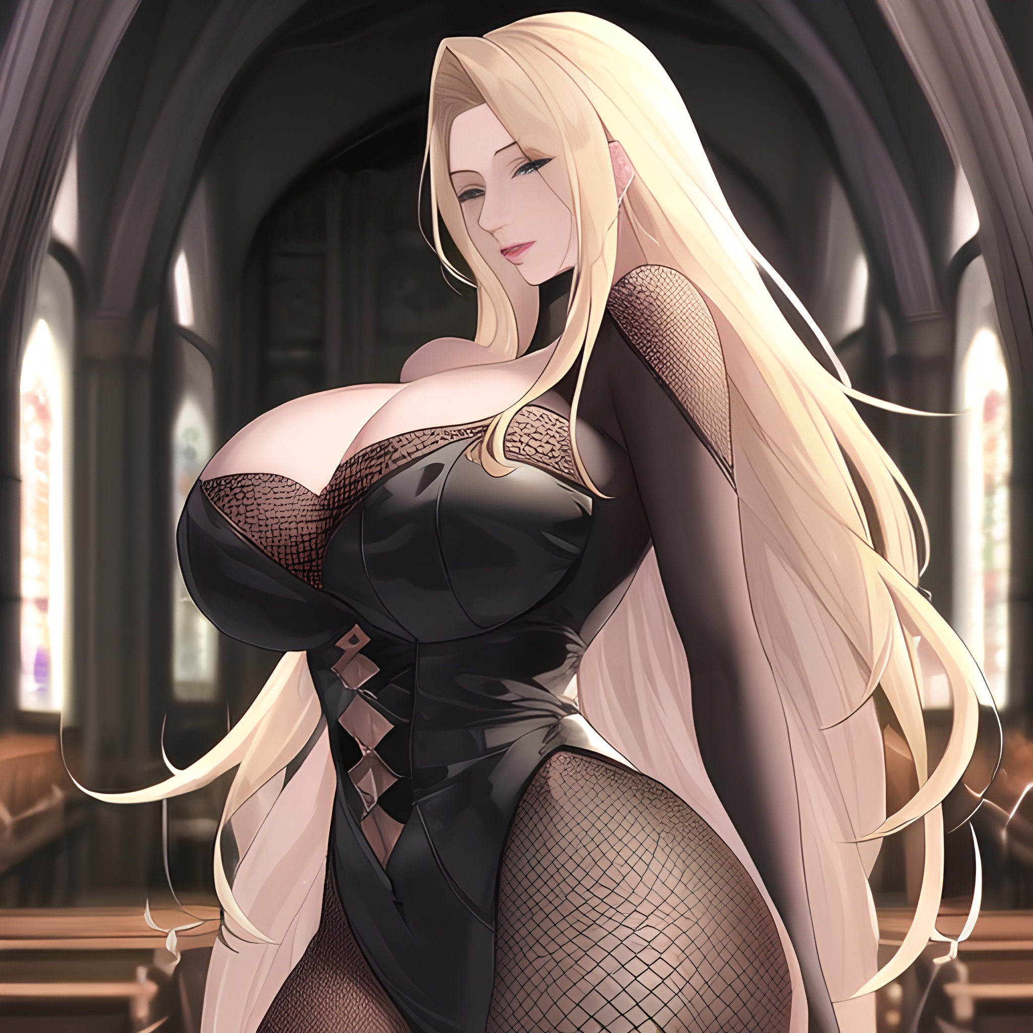 long hair nude woman small boobs fishnet blonde front view church