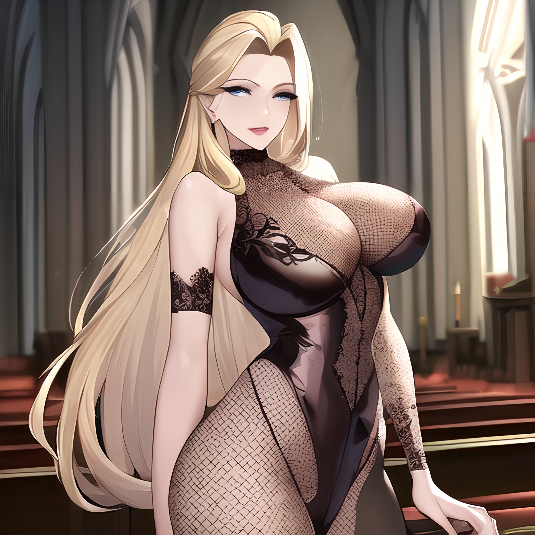 long hair small boobs blonde church fishnet nude woman front view
