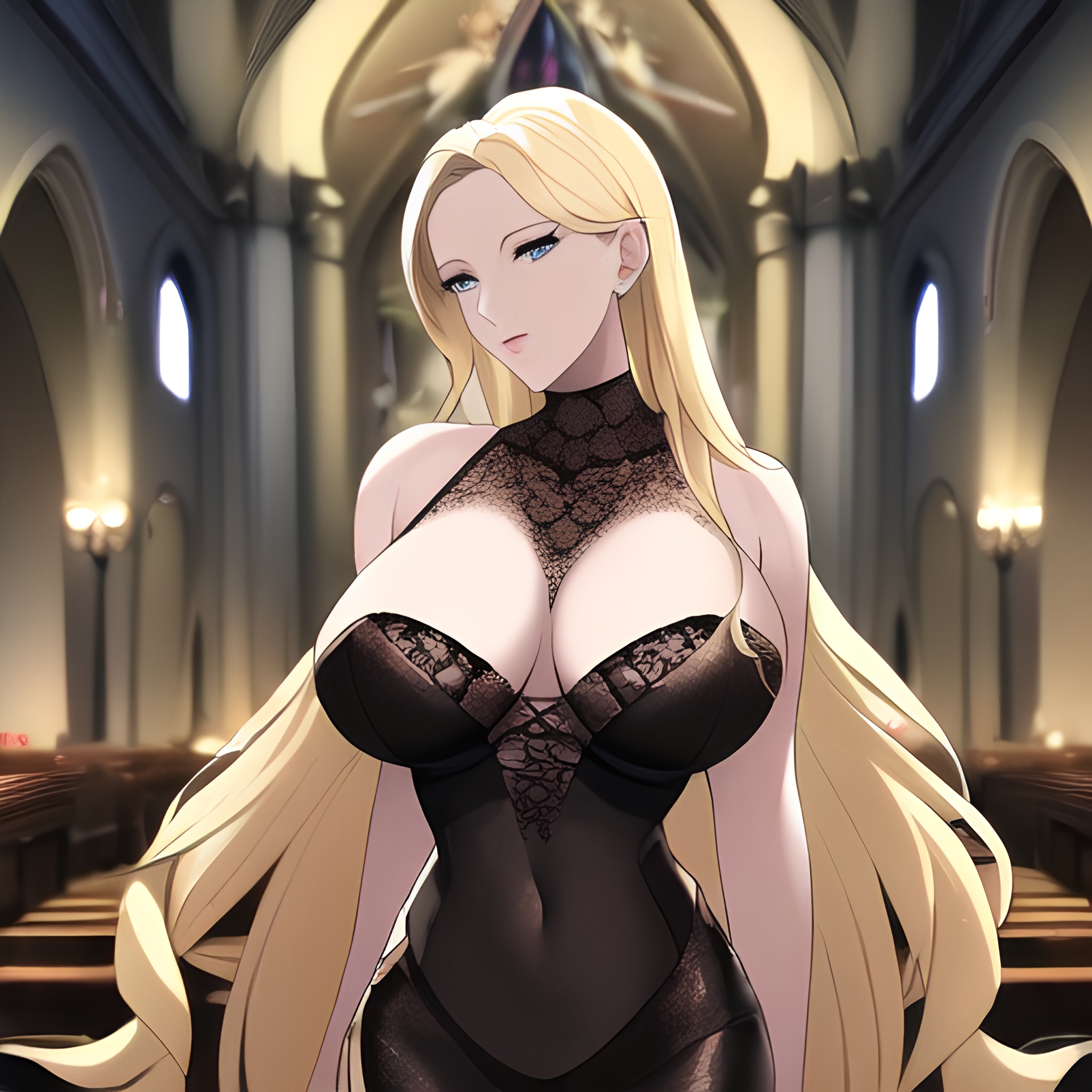 long hair small boobs blonde nude front view fishnet woman church 