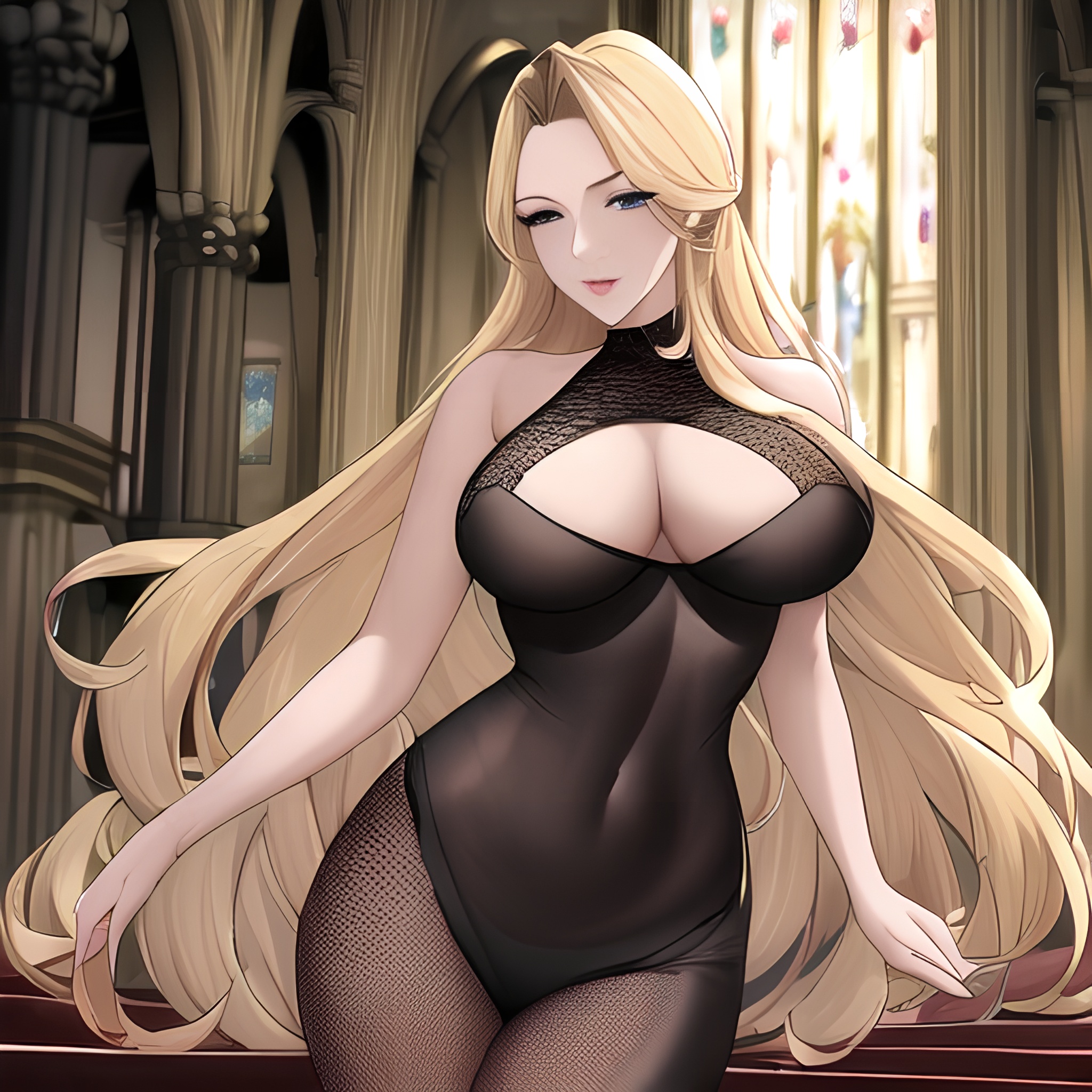 long hair small boobs fishnet front view blonde church nude woman