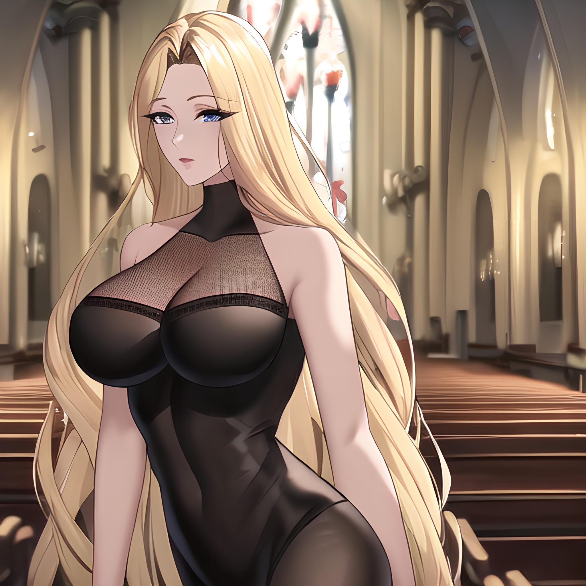 long hair small boobs fishnet front view blonde nude church woman