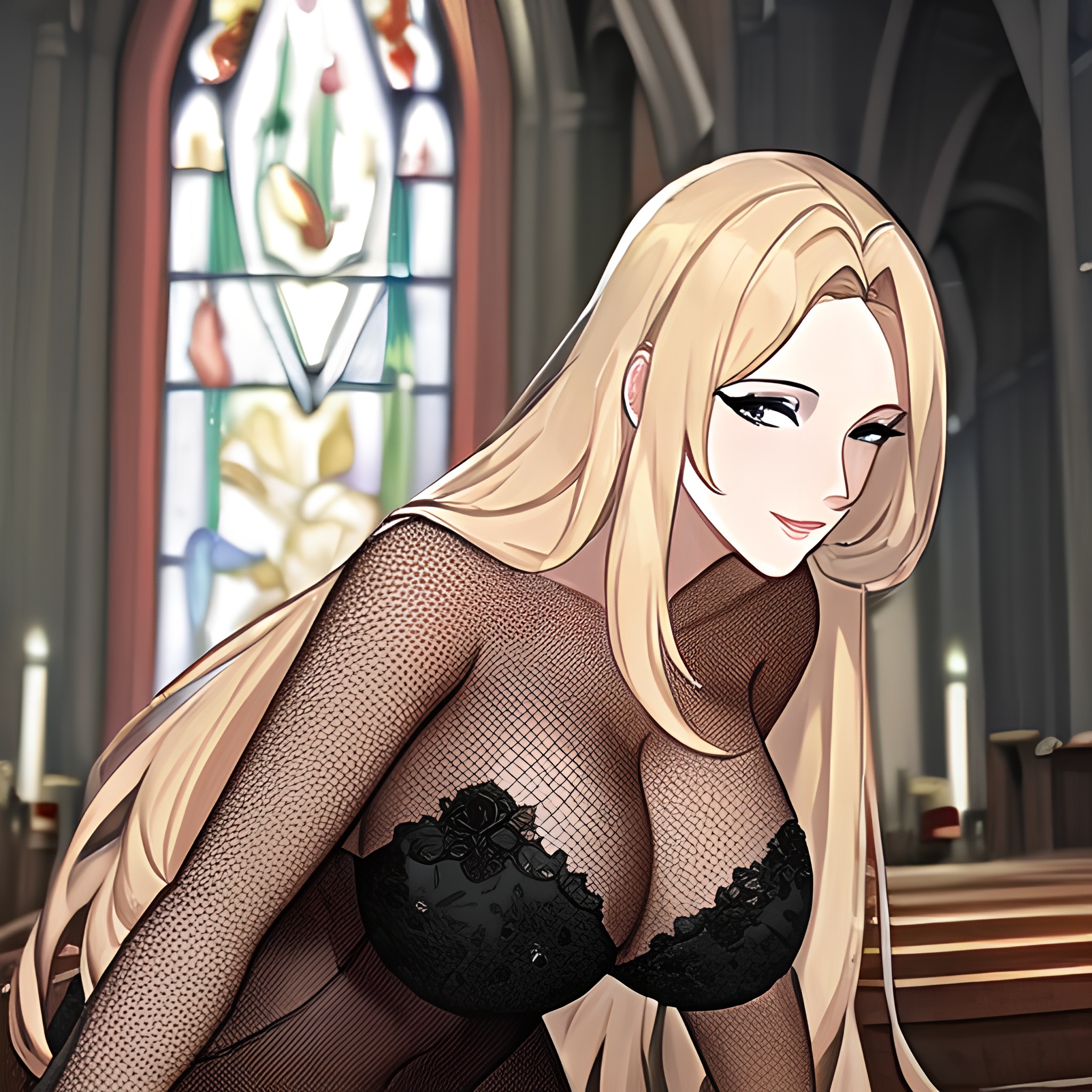 long hair small boobs fishnet woman front view church nude blonde 