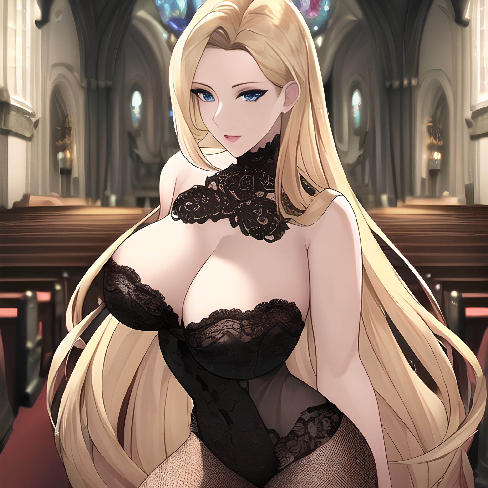 long hair small boobs front view blonde church nude woman fishnet