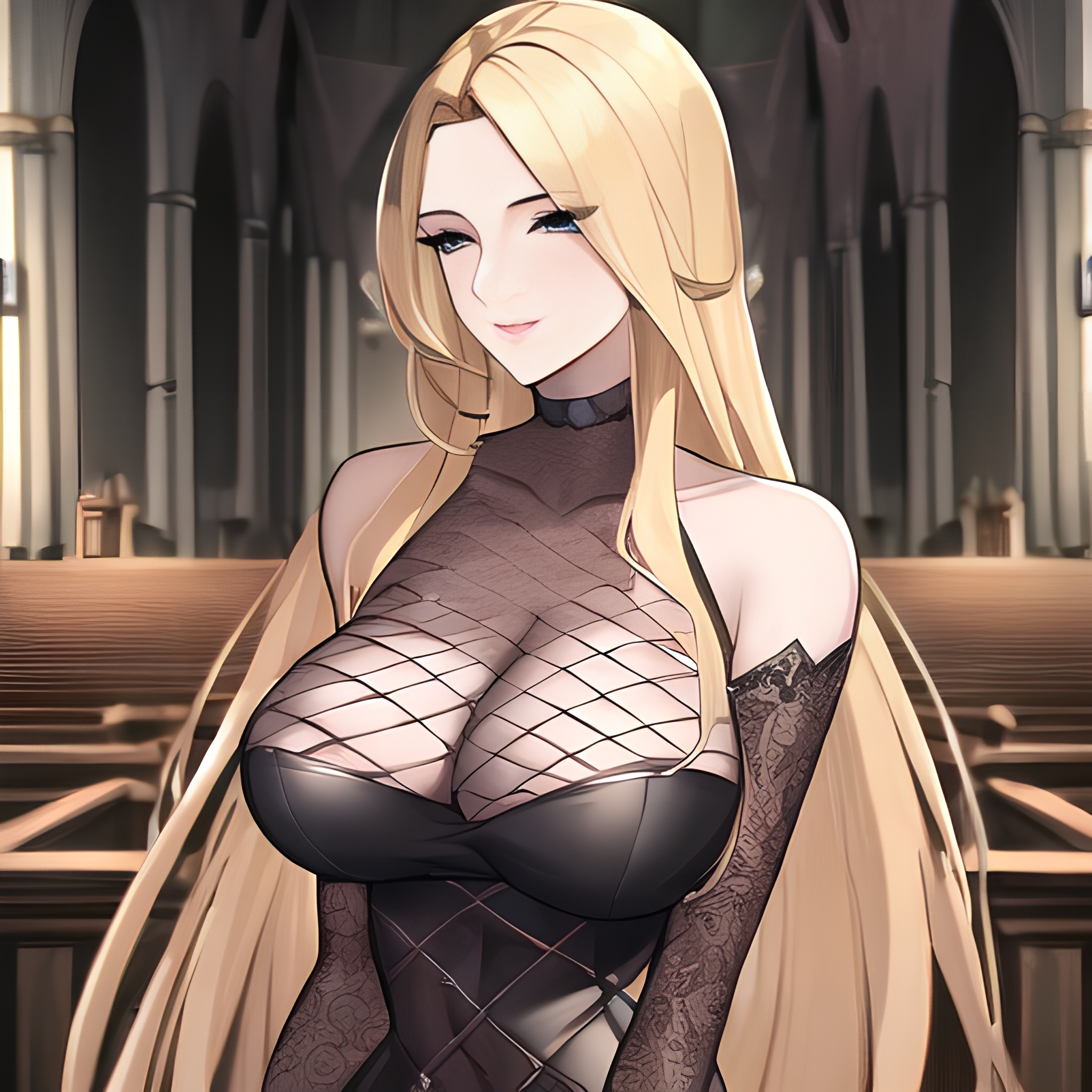 long hair small boobs front view woman church blonde fishnet nude
