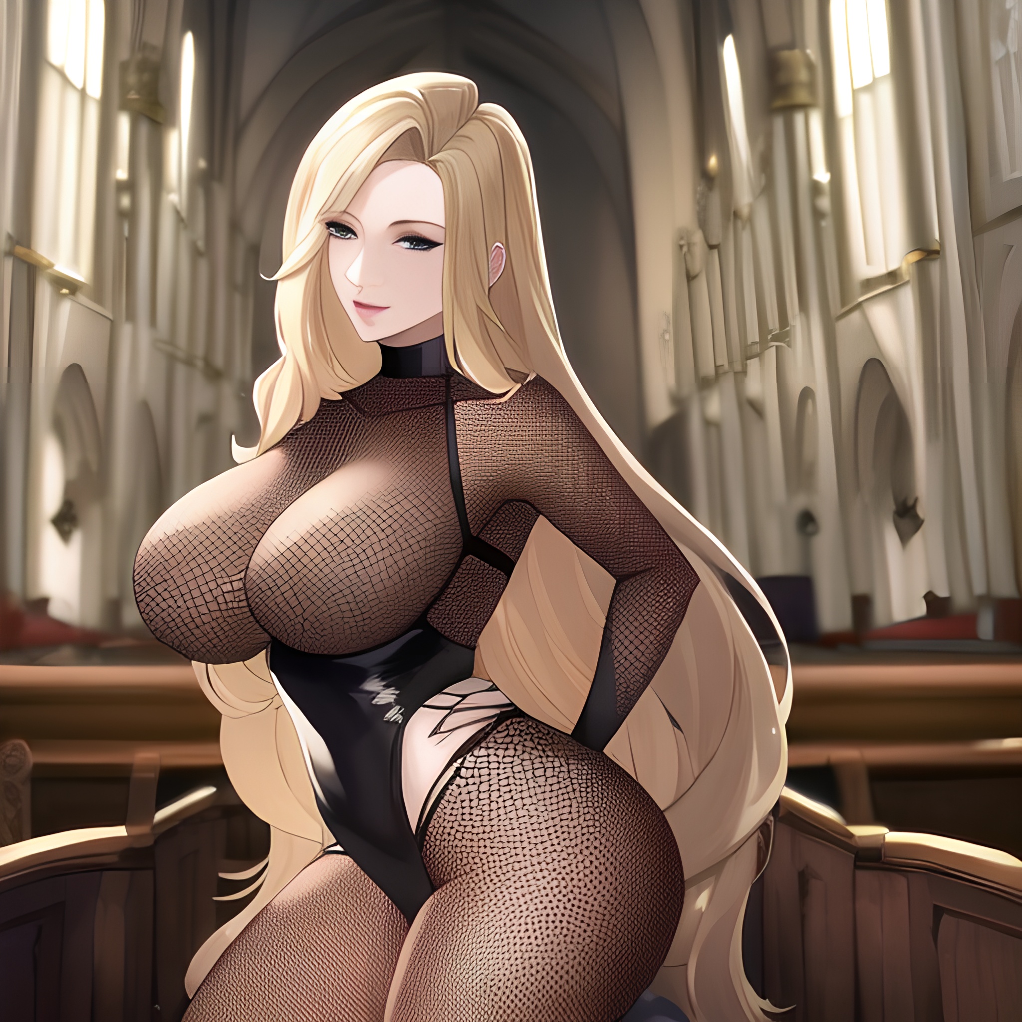 long hair small boobs nude blonde fishnet woman front view church 