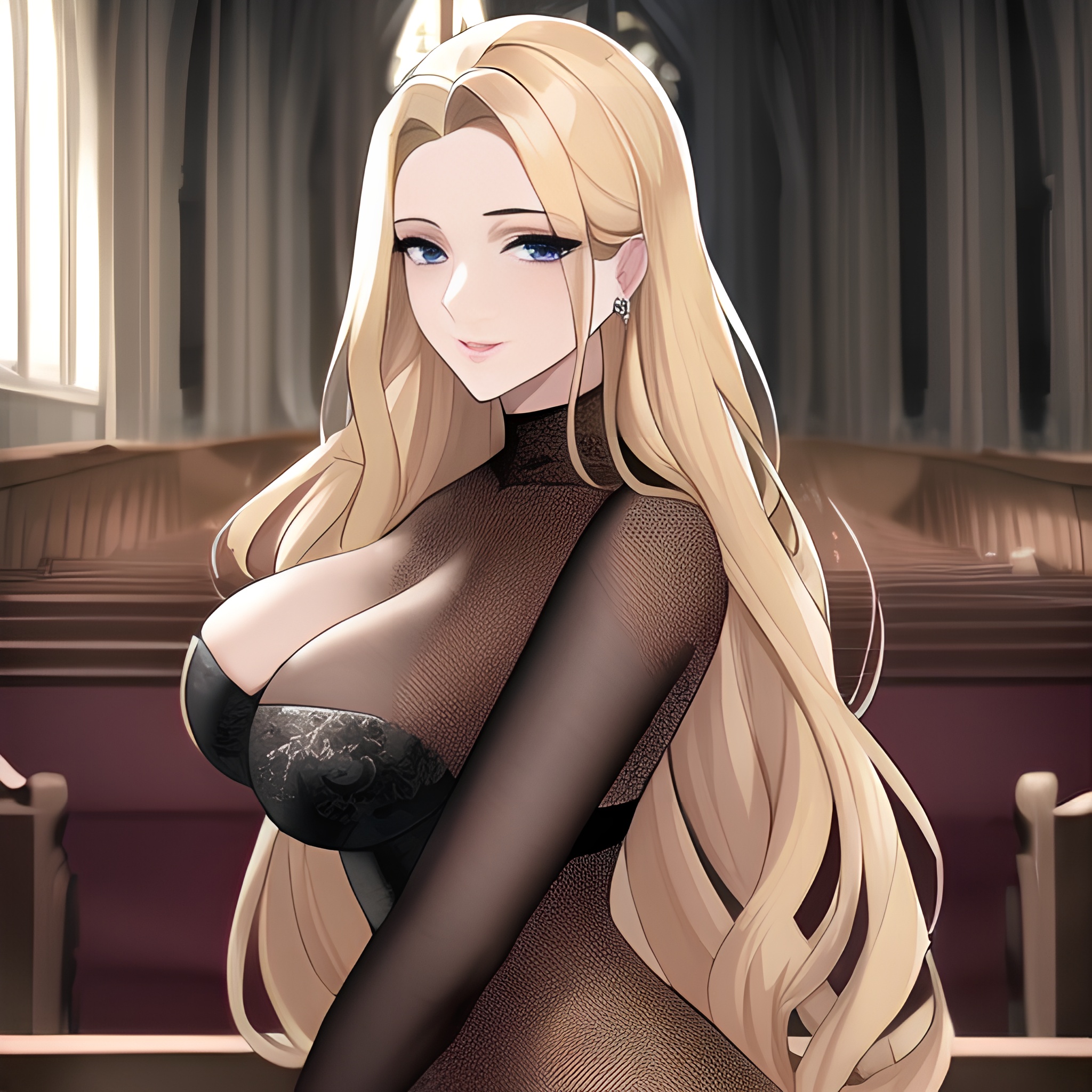 long hair small boobs nude fishnet church blonde woman front view 