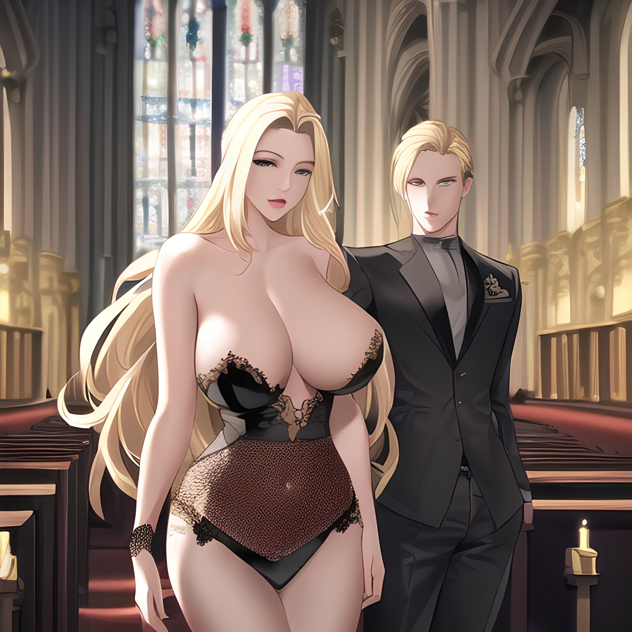 long hair woman blonde small boobs nude front view church fishnet 