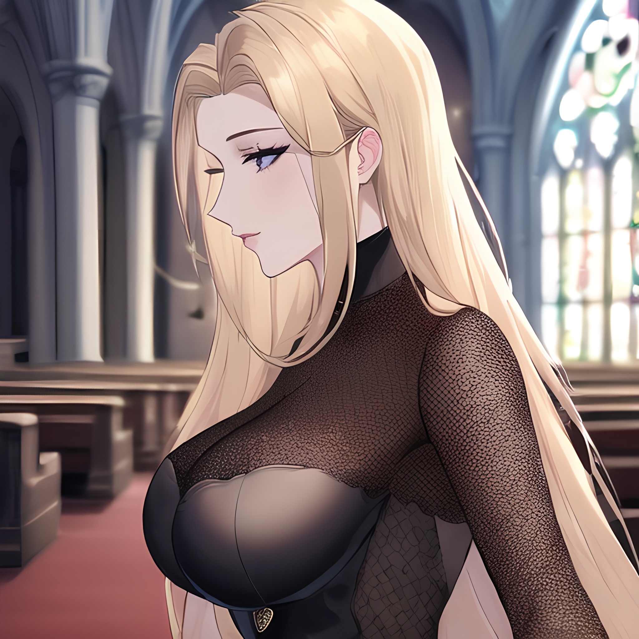 long hair woman church blonde small boobs front view fishnet nude 
