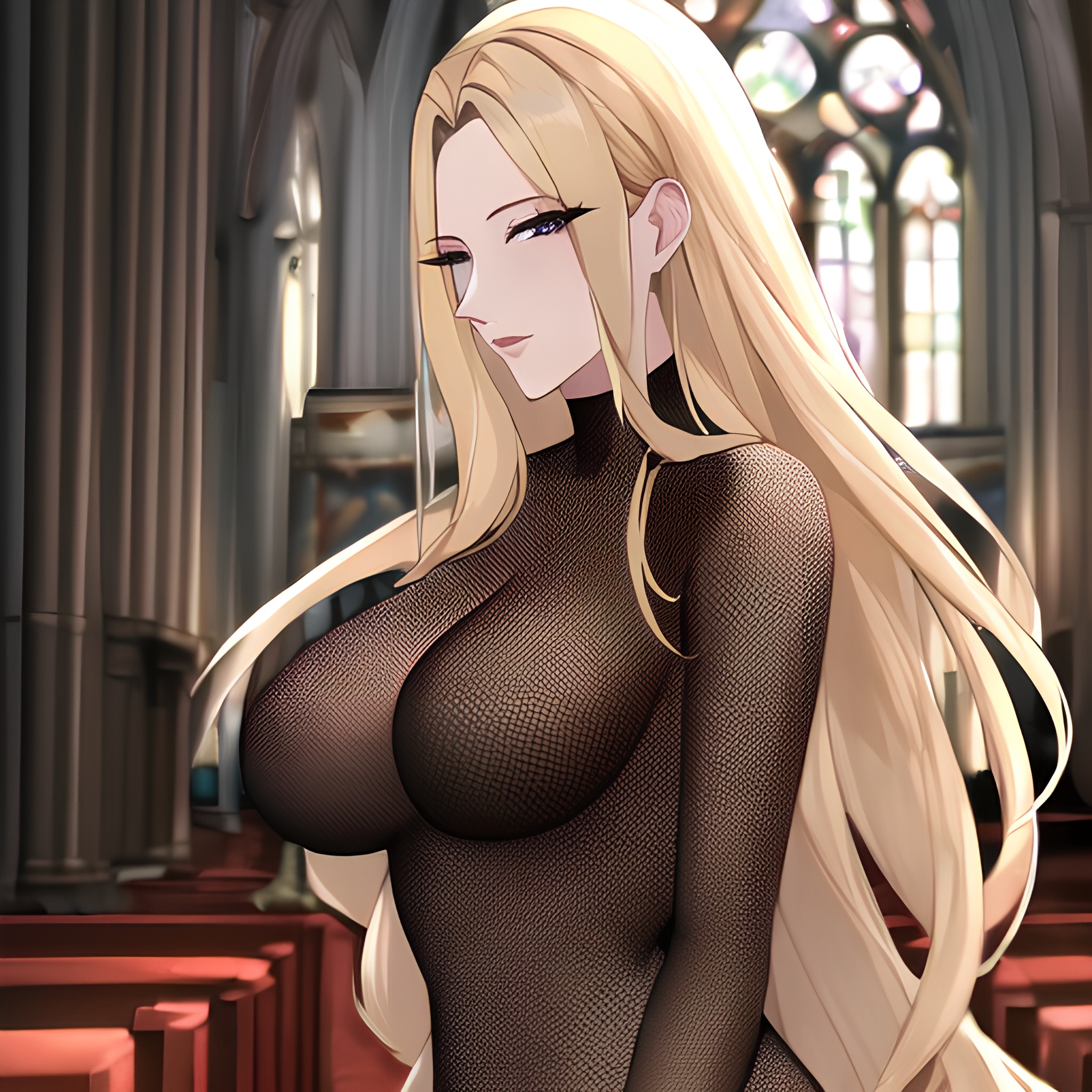 long hair woman church small boobs blonde front view fishnet nude 