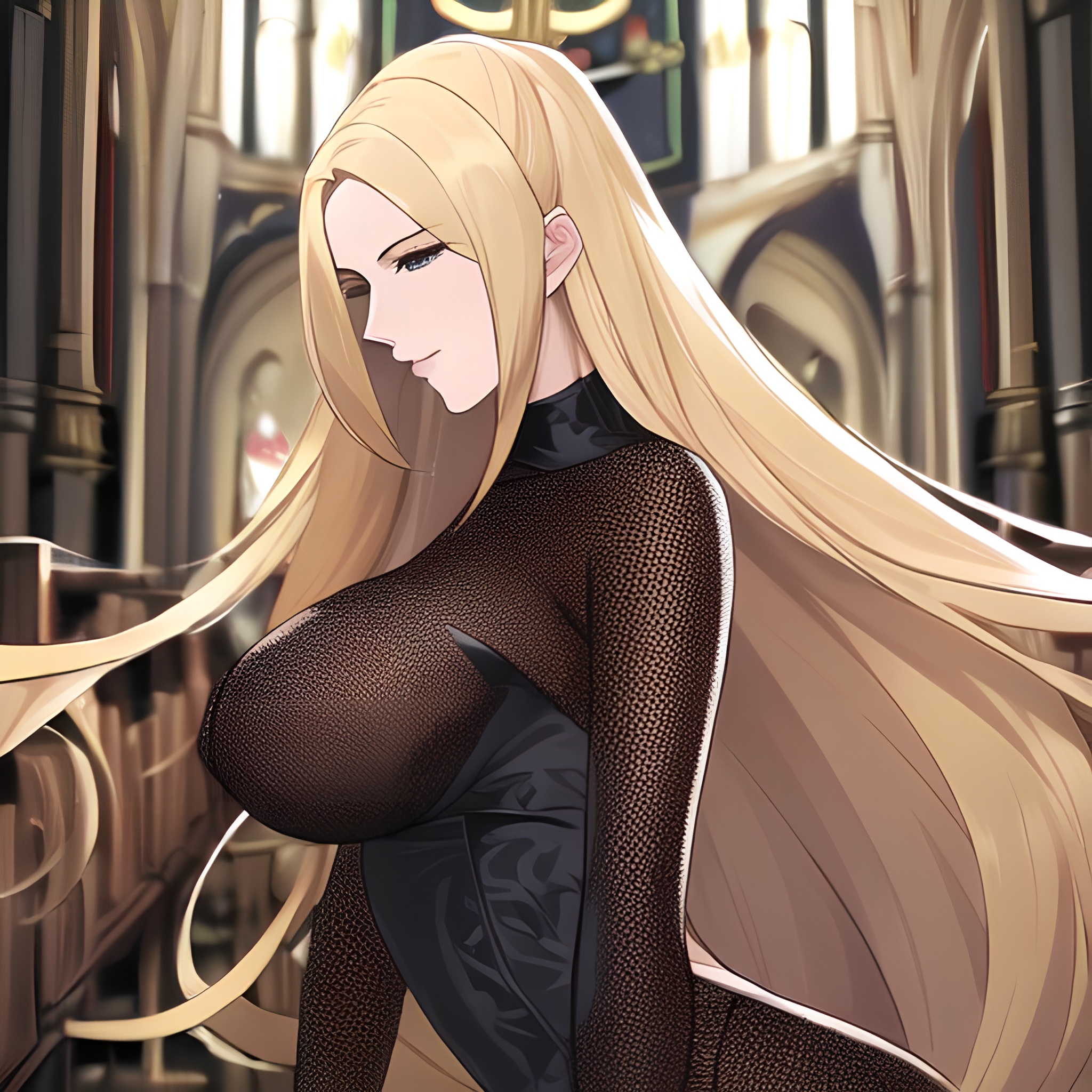 long hair woman fishnet blonde church front view nude small boobs 