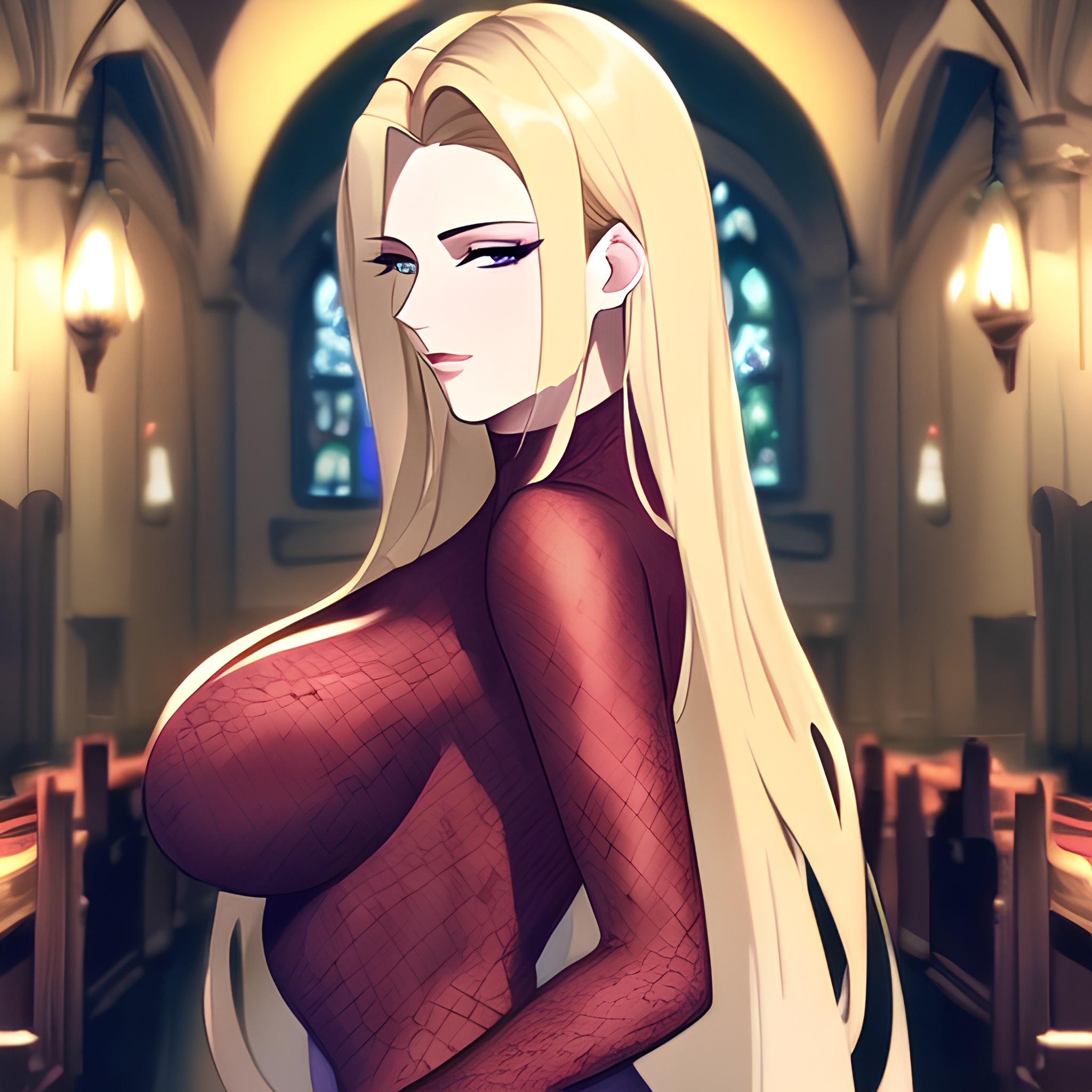 long hair woman fishnet small boobs church blonde front view nude 