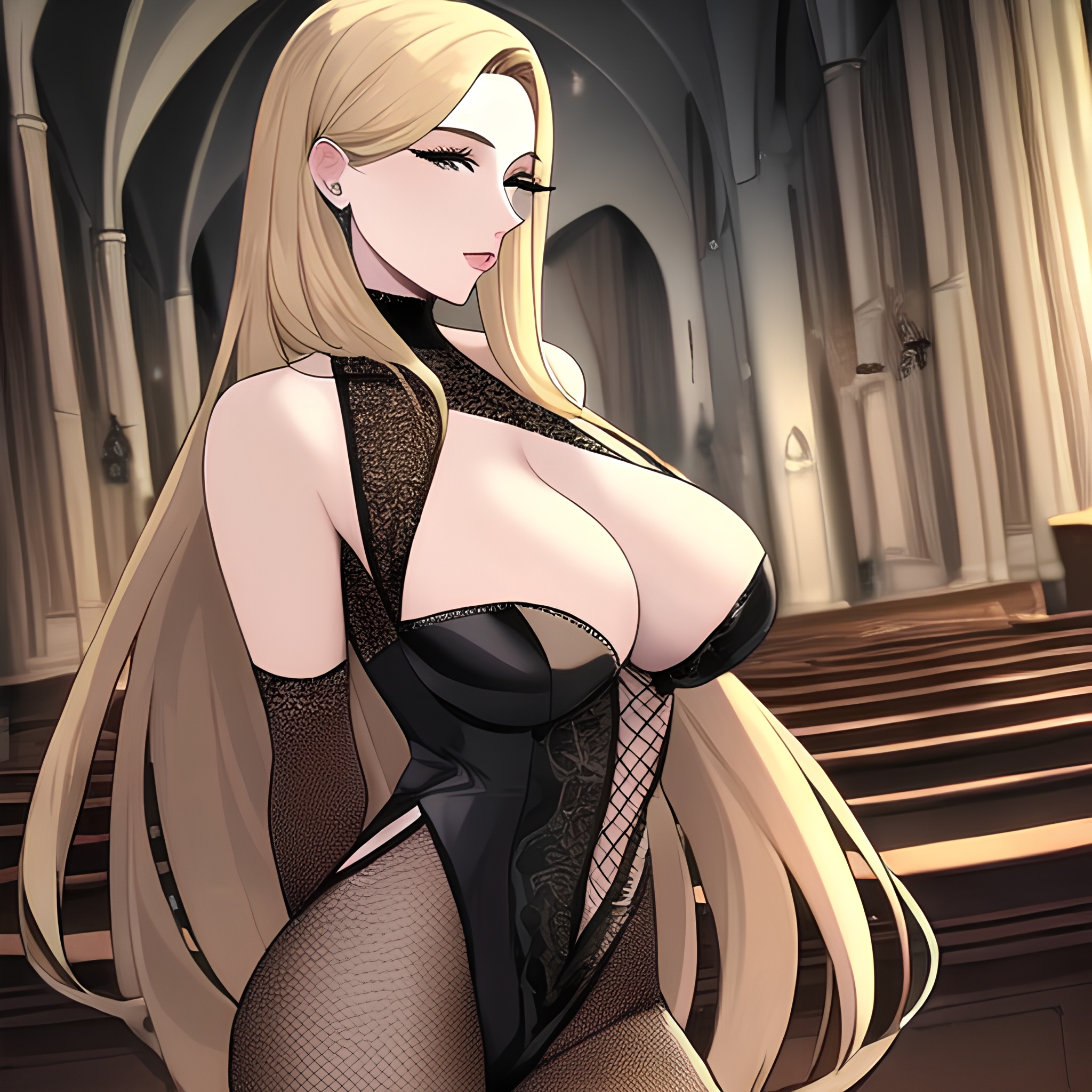 long hair woman front view fishnet blonde church small boobs nude 