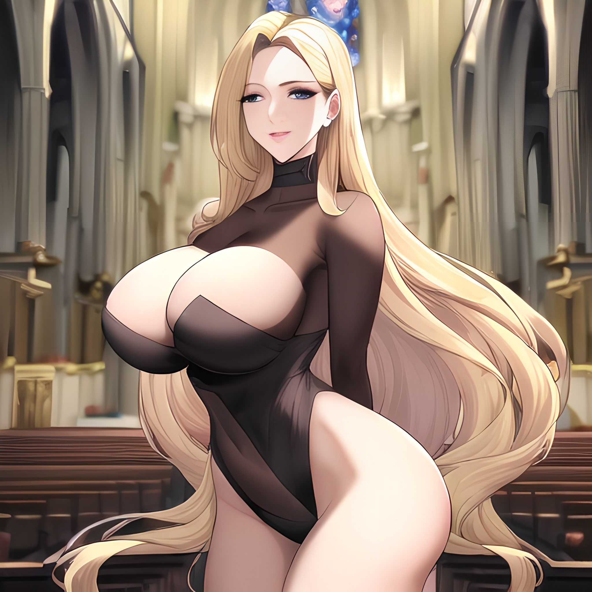 long hair woman small boobs blonde church nude fishnet front view 
