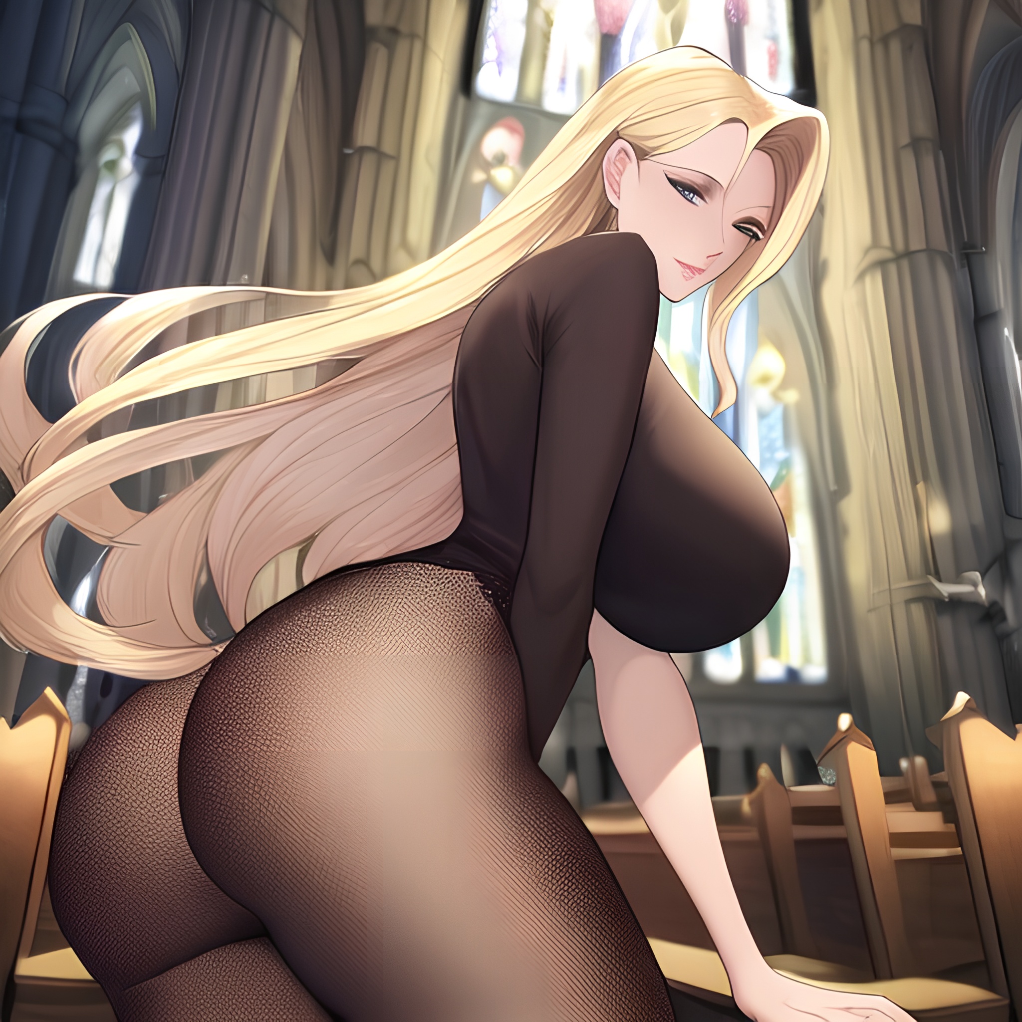 long hair woman small boobs church fishnet front view nude blonde 
