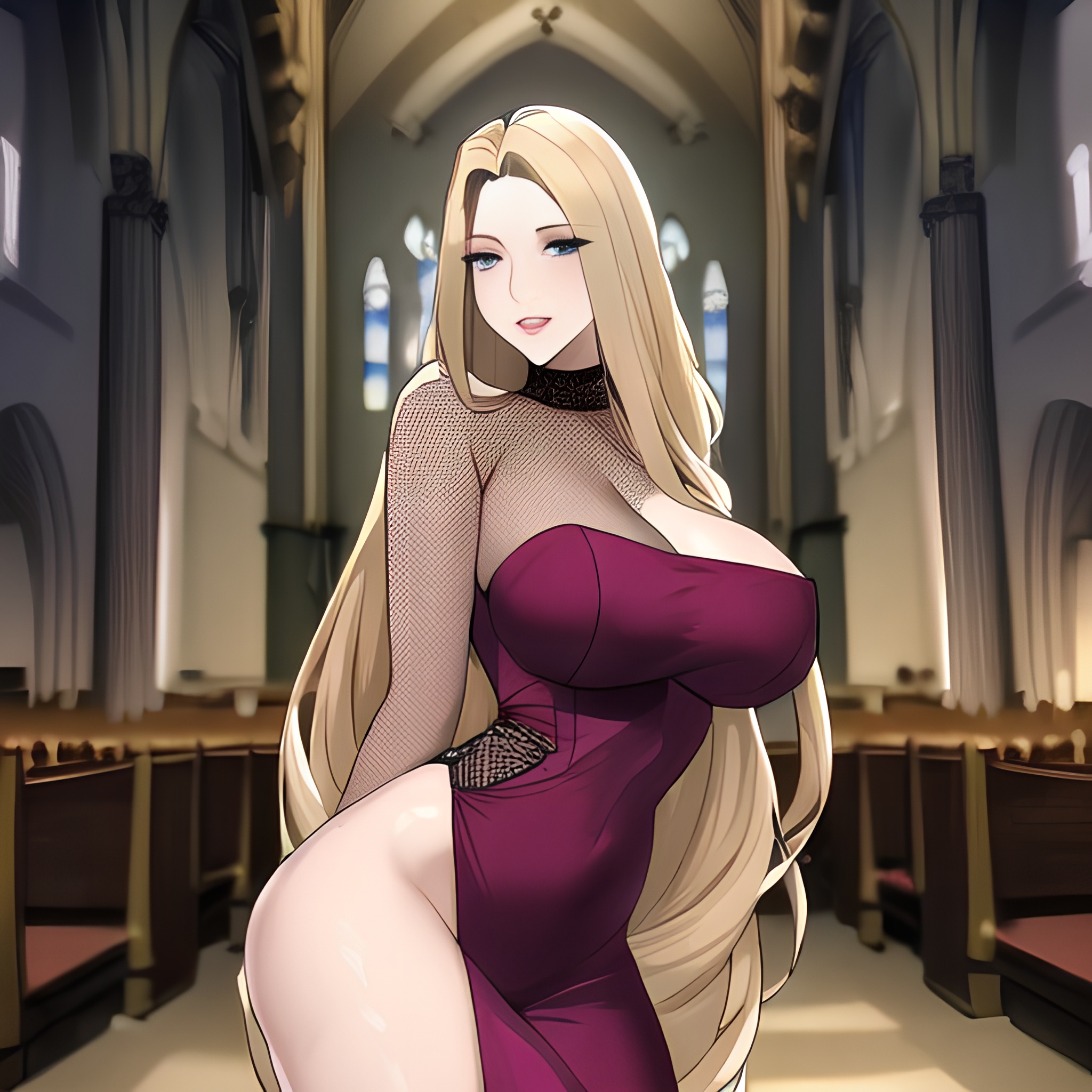 long hair woman small boobs nude church front view blonde fishnet 