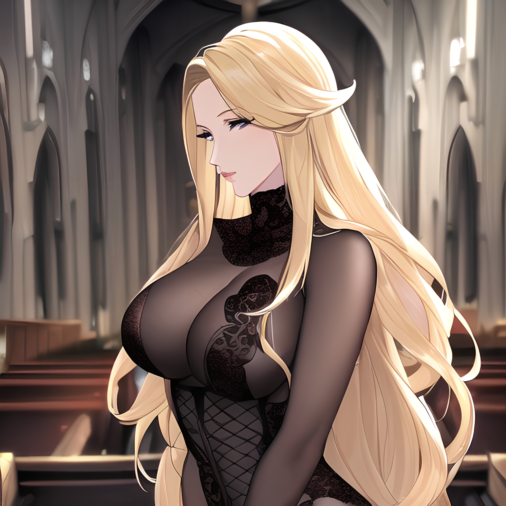 nude blonde church fishnet small boobs front view long hair woman 