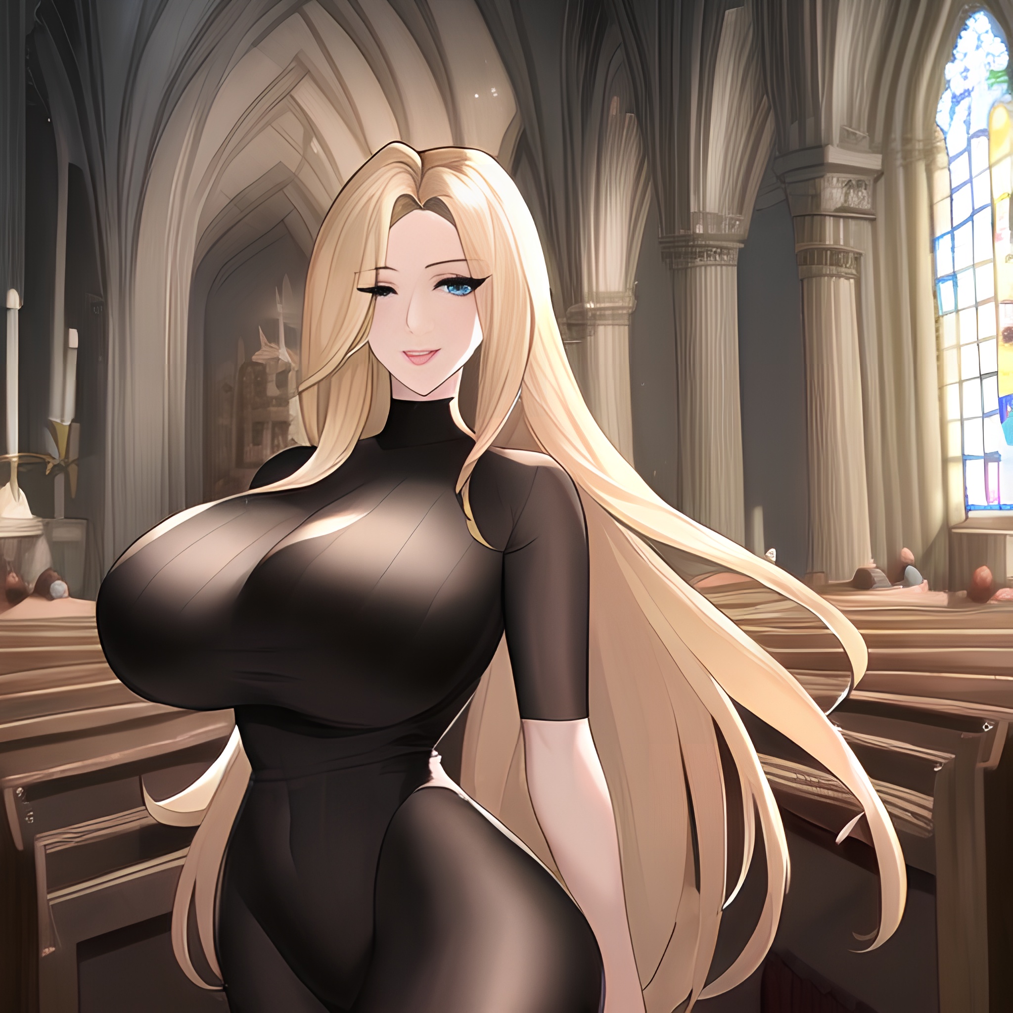 nude blonde church small boobs fishnet long hair front view woman 