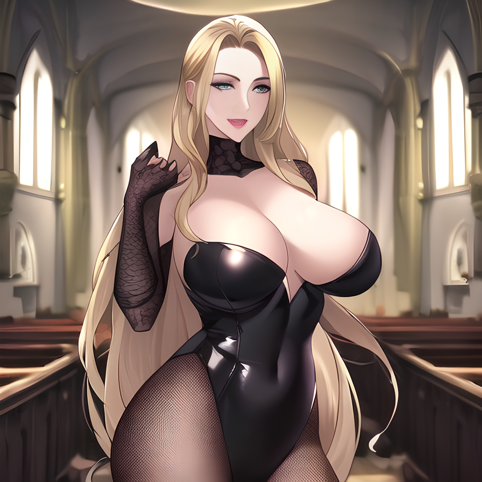 nude blonde church woman front view long hair fishnet small boobs 