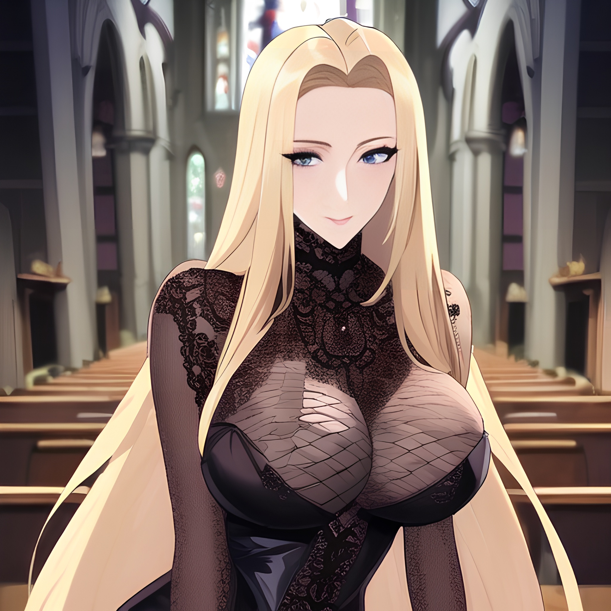 nude blonde church woman small boobs long hair front view fishnet