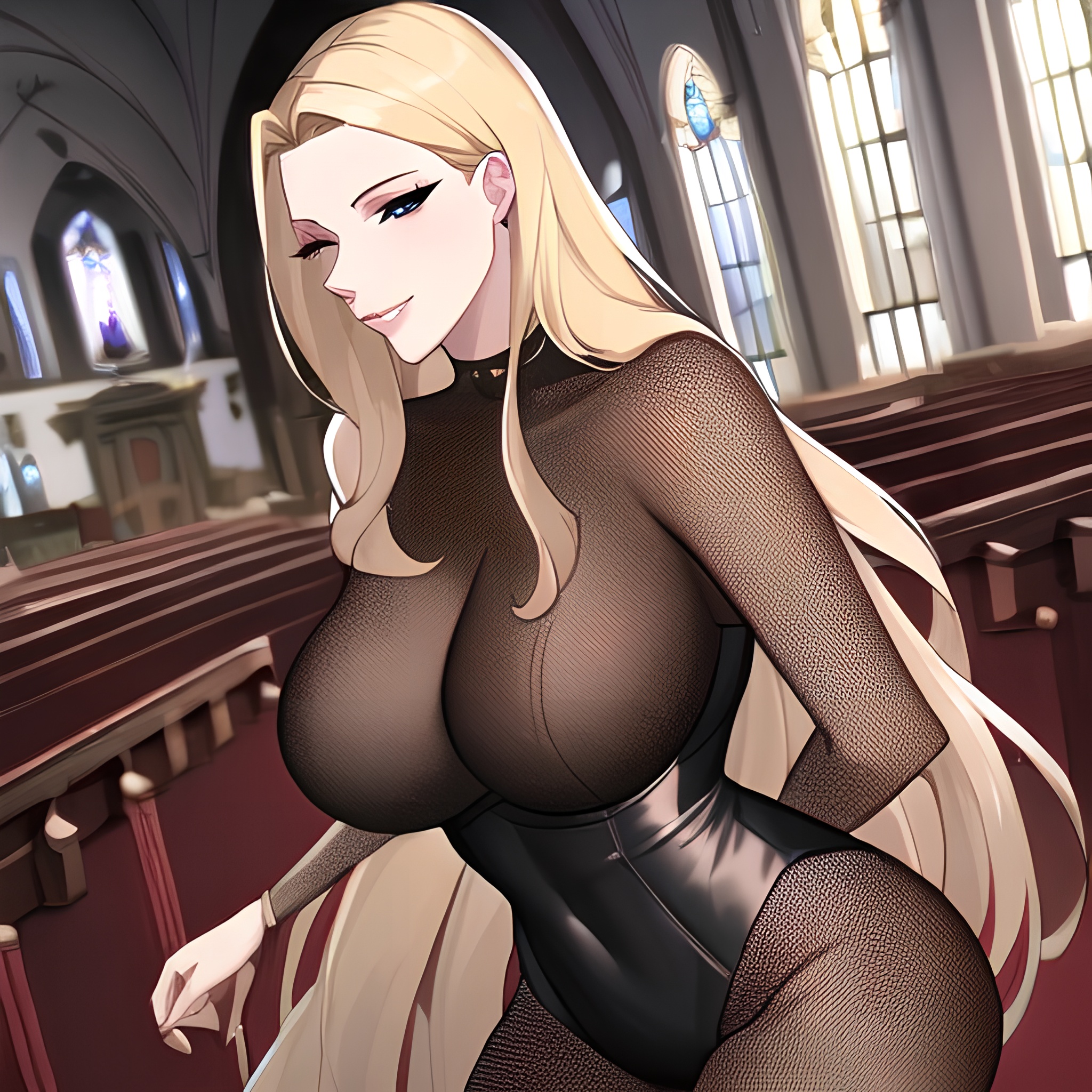 nude blonde front view church small boobs long hair fishnet woman 