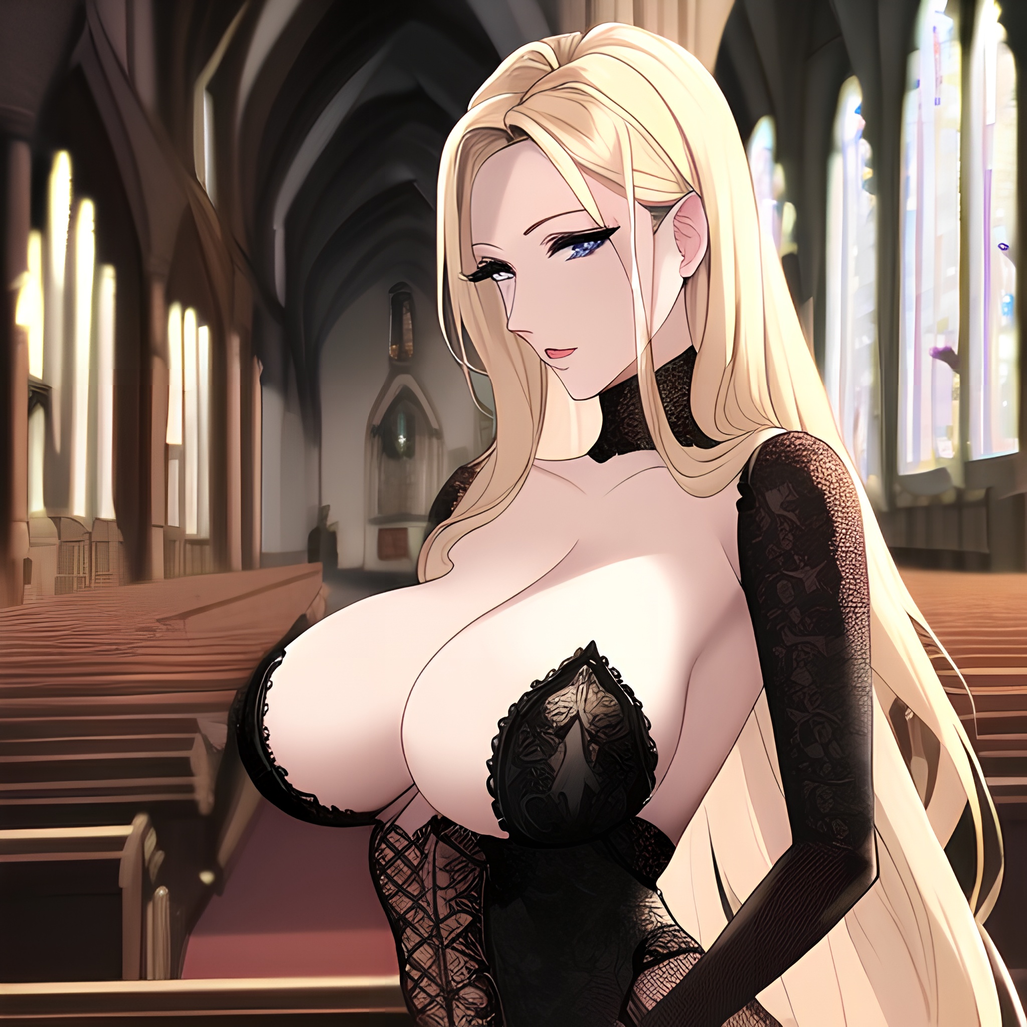 nude blonde front view long hair woman church fishnet small boobs