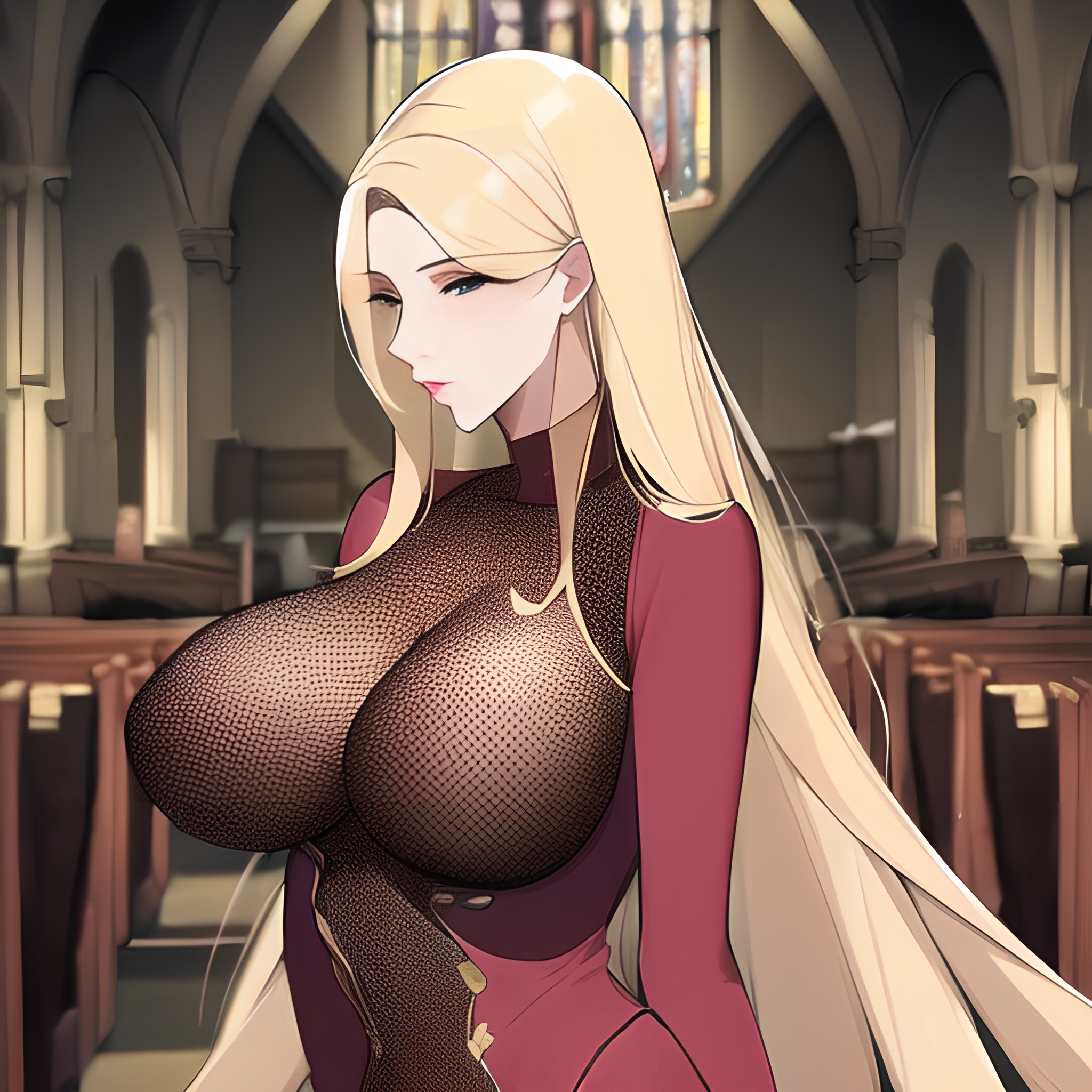 nude blonde long hair woman fishnet small boobs church front view 