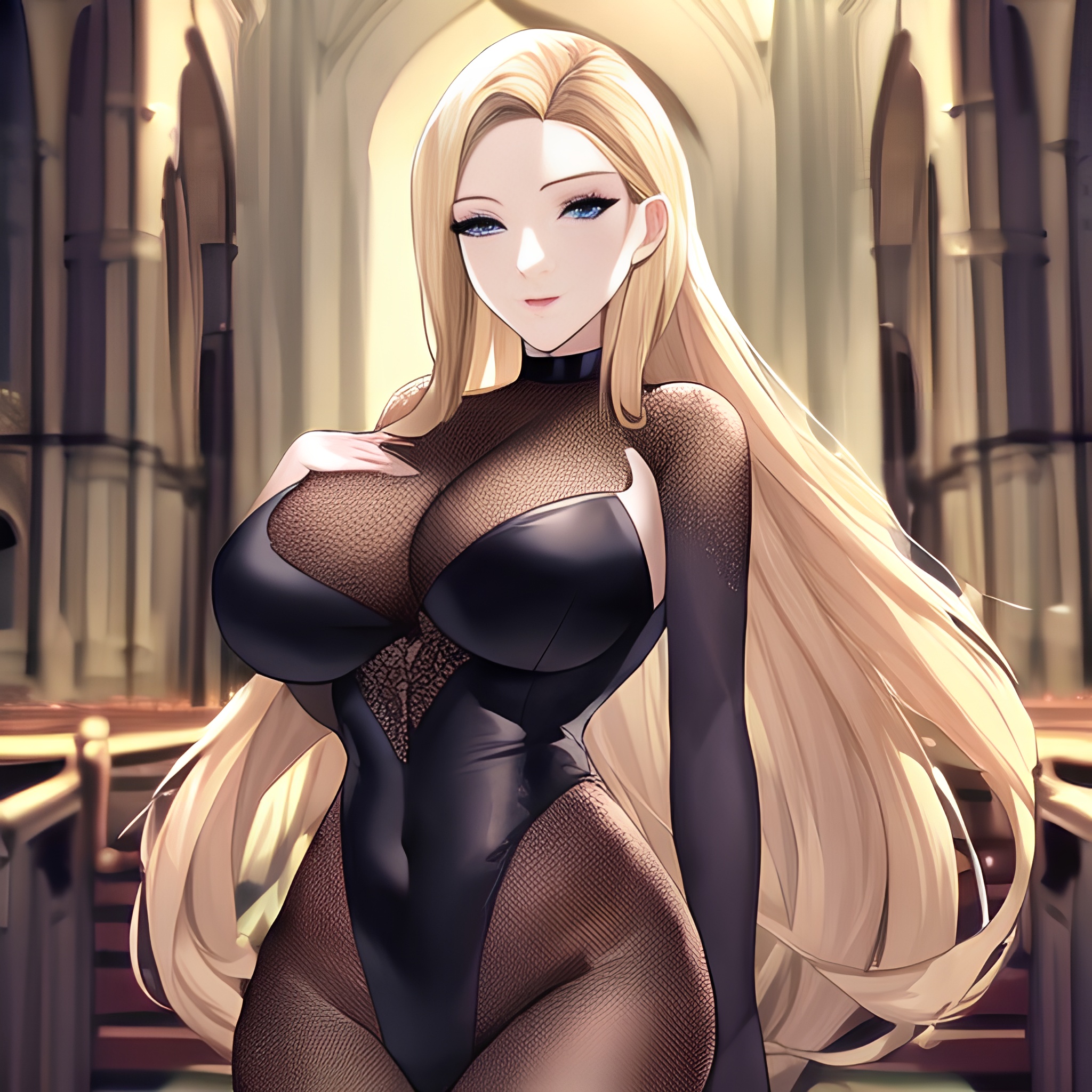 nude blonde small boobs woman church fishnet front view long hair