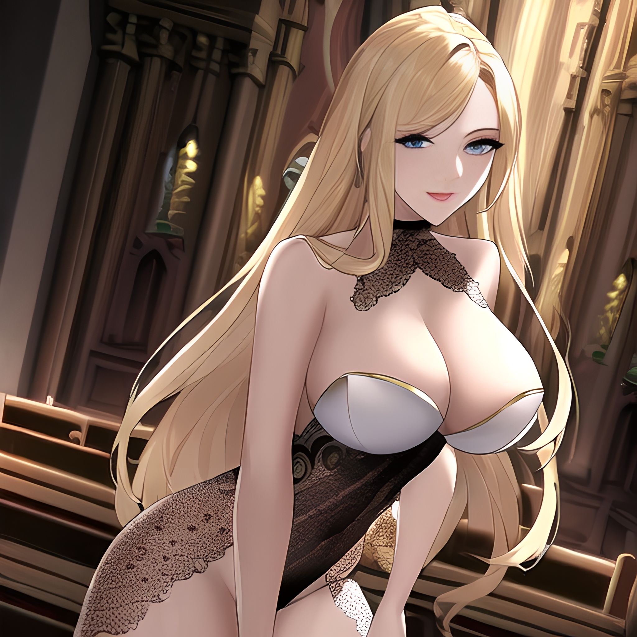 nude blonde small boobs woman church fishnet long hair front view