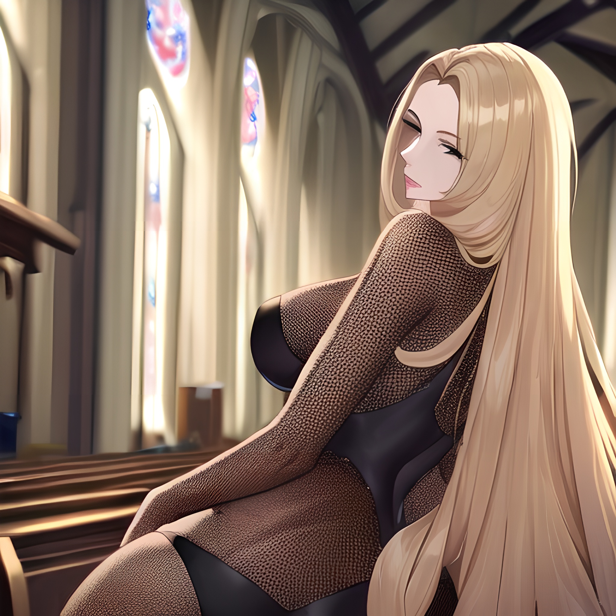 nude blonde woman church fishnet long hair front view small boobs 
