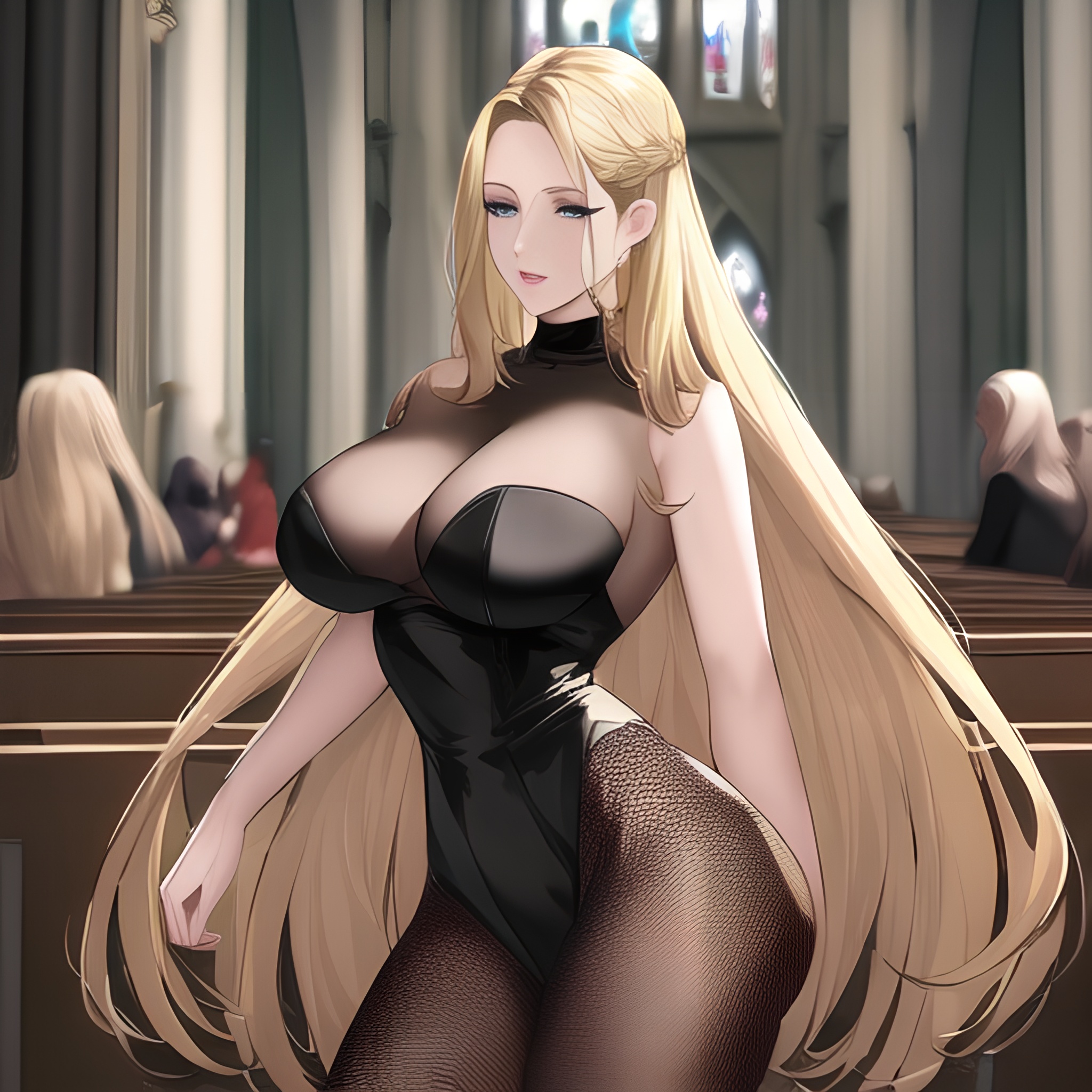 nude blonde woman small boobs long hair front view fishnet church 