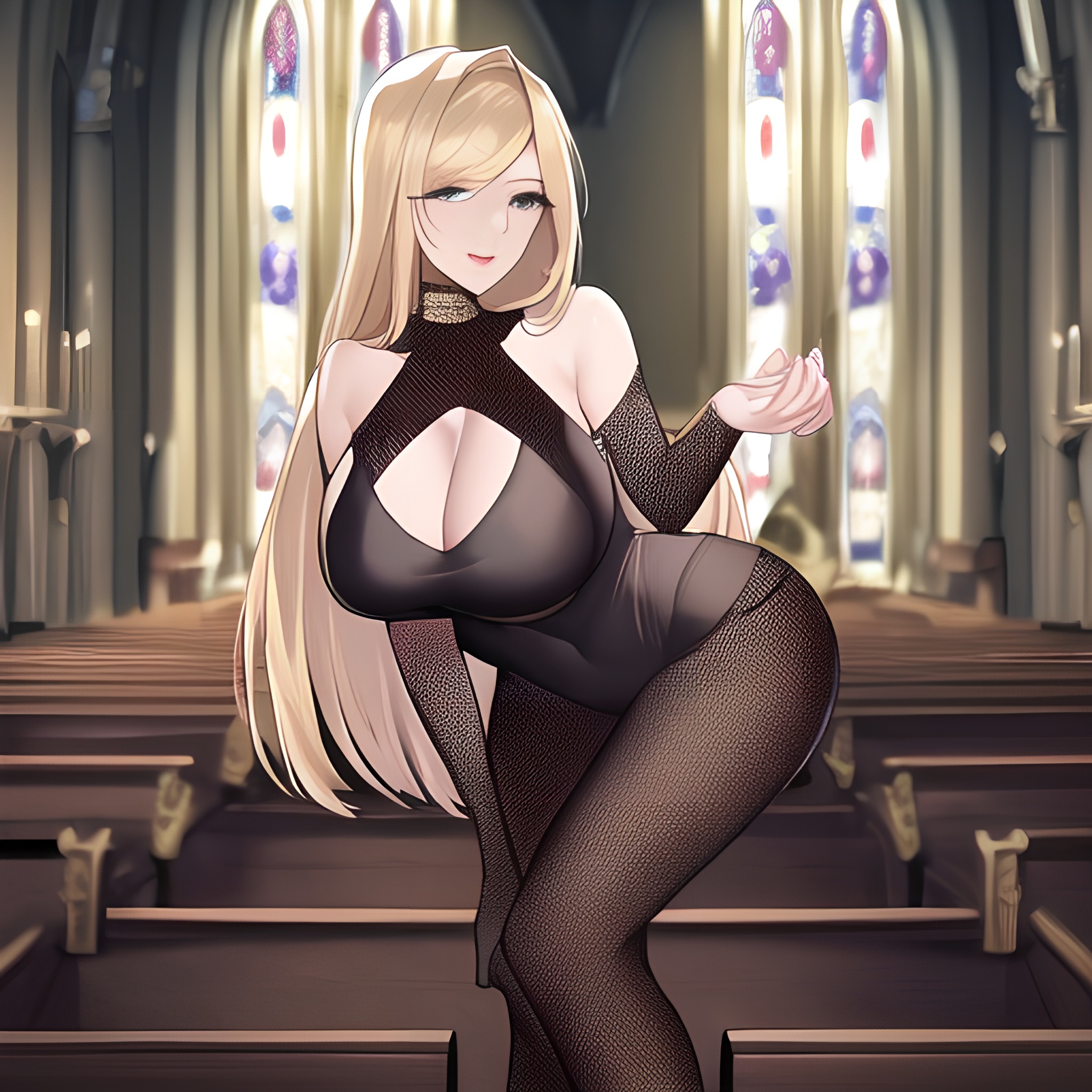 nude church blonde long hair front view small boobs woman fishnet