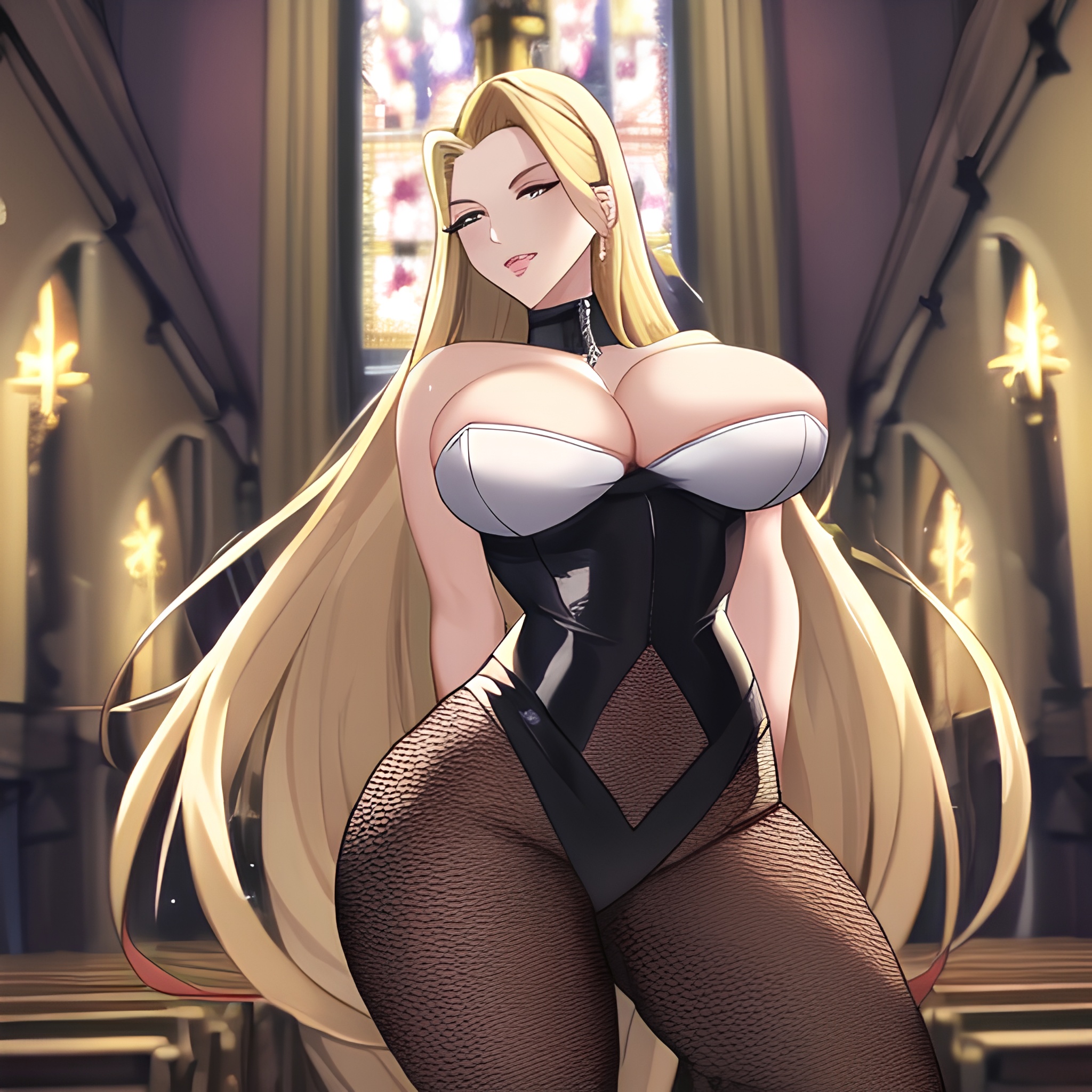 nude church blonde long hair woman fishnet small boobs front view 