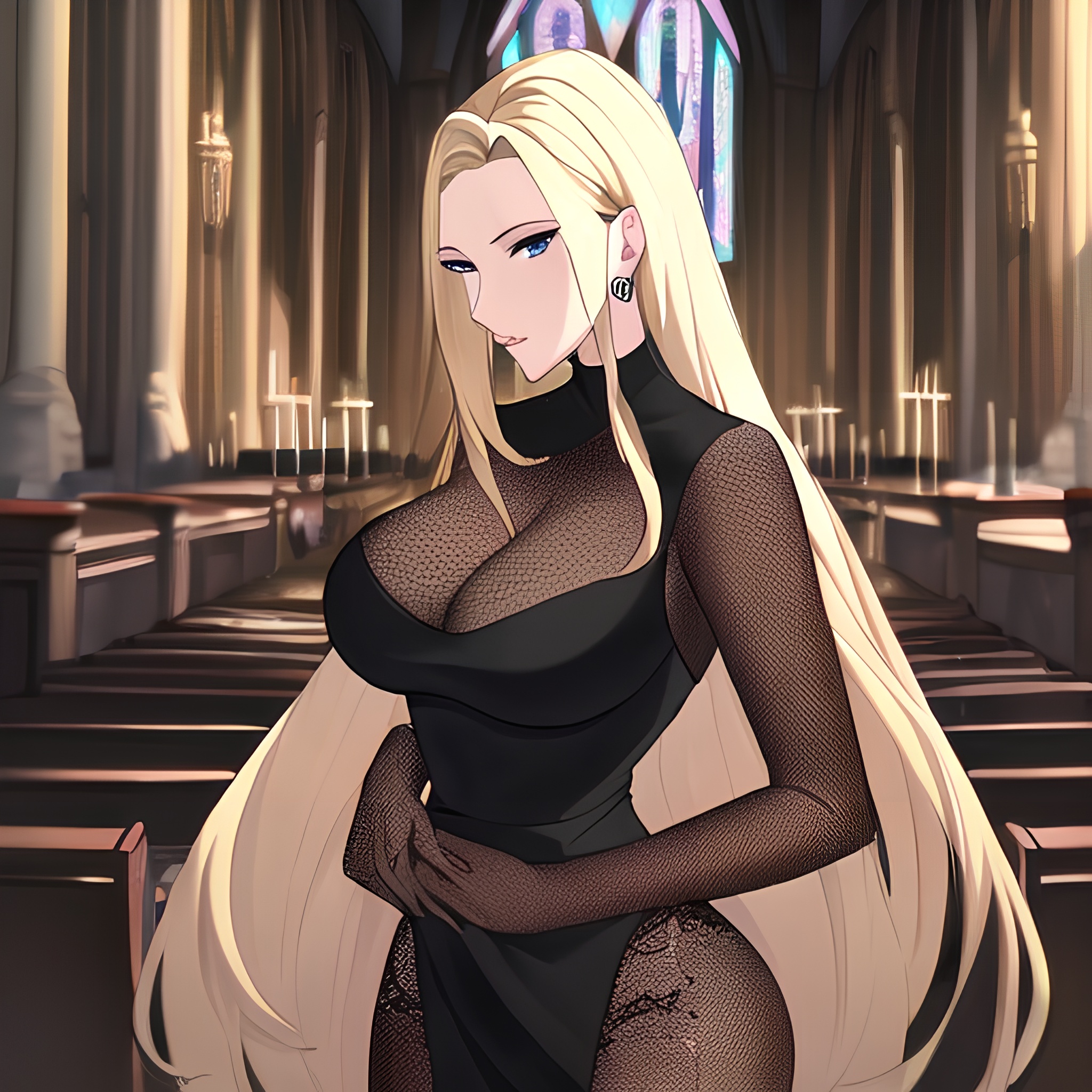 nude church blonde small boobs fishnet woman front view long hair 