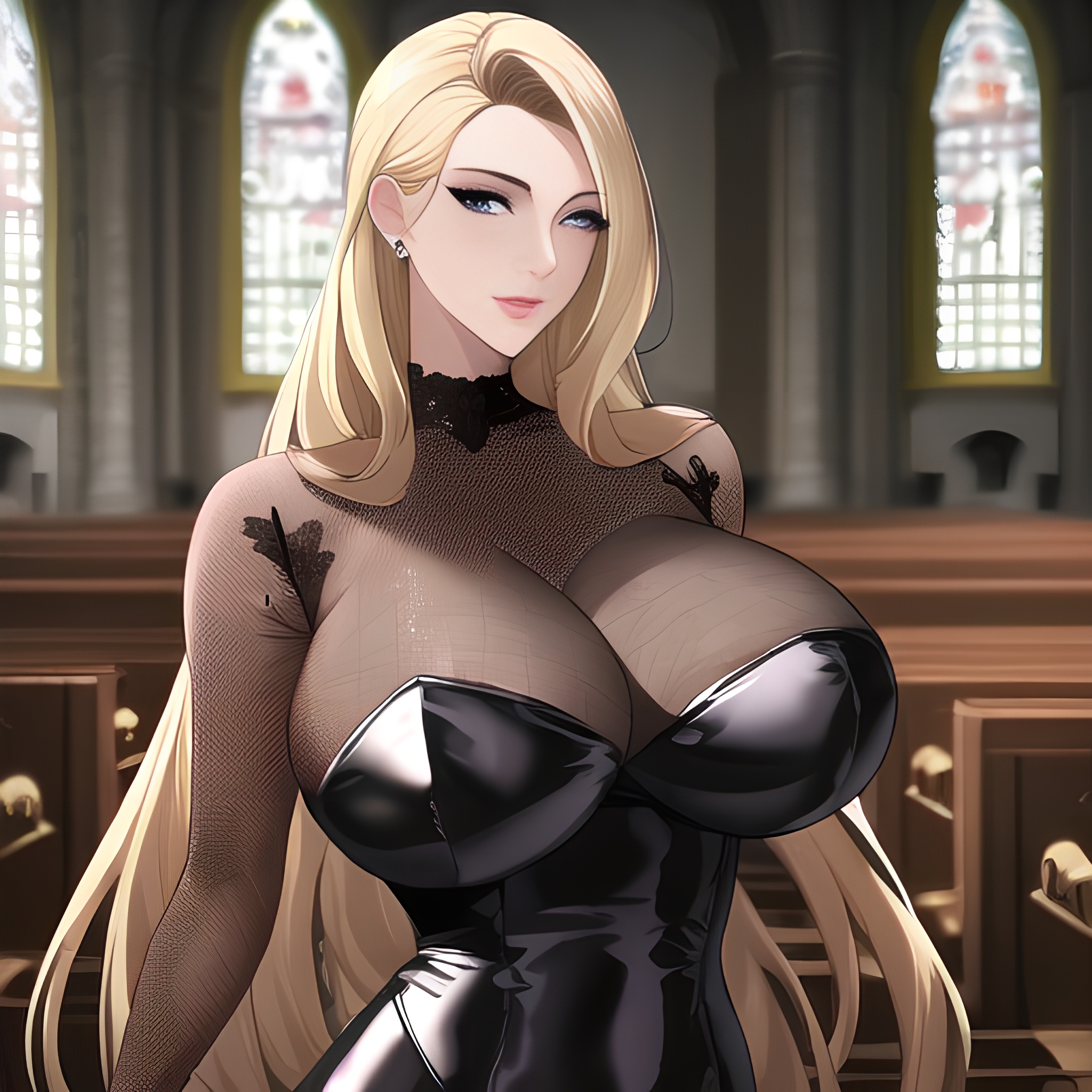 nude church fishnet long hair blonde woman small boobs front view 
