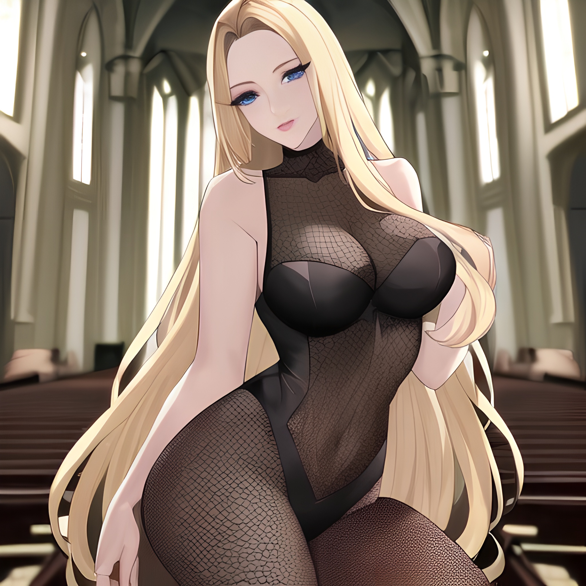 nude church fishnet woman front view blonde small boobs long hair 