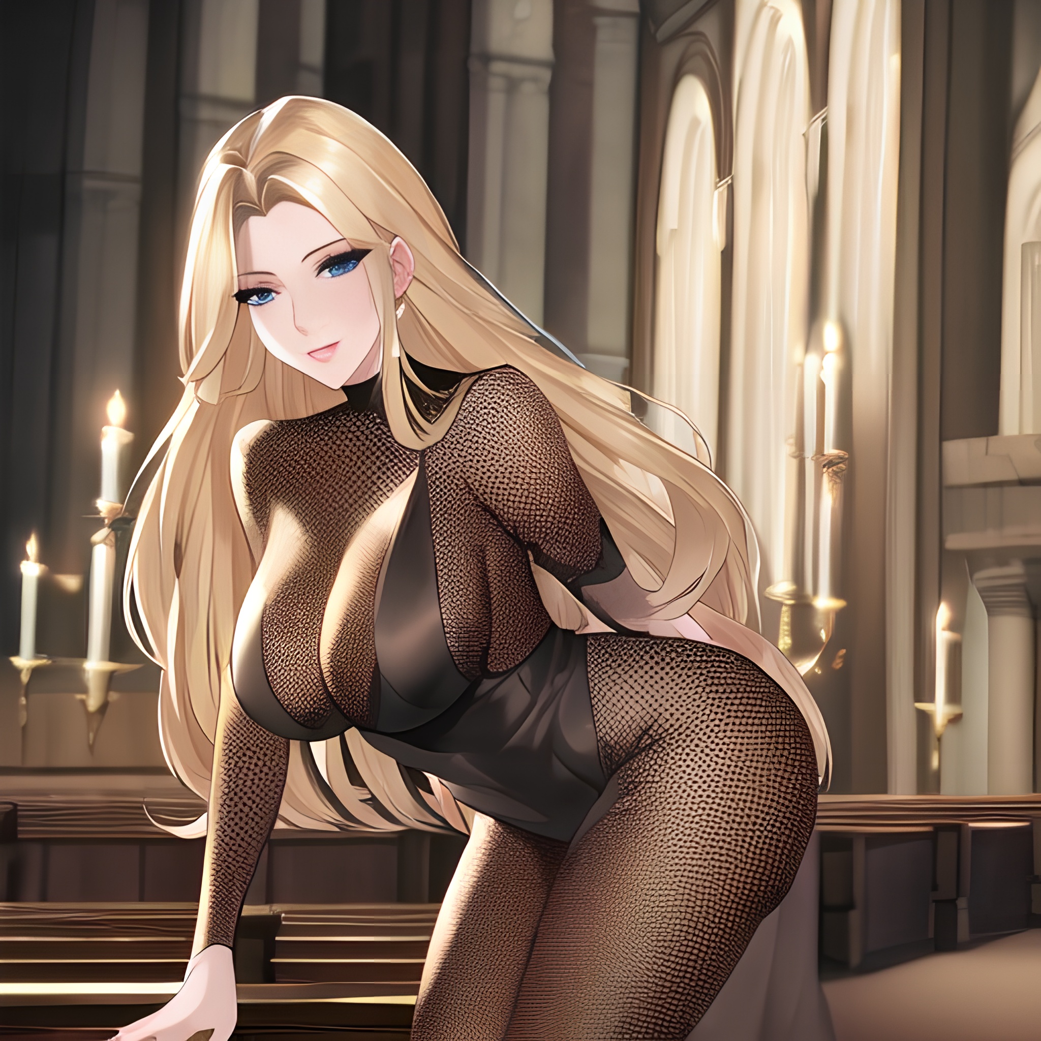 nude church front view blonde long hair fishnet woman small boobs 