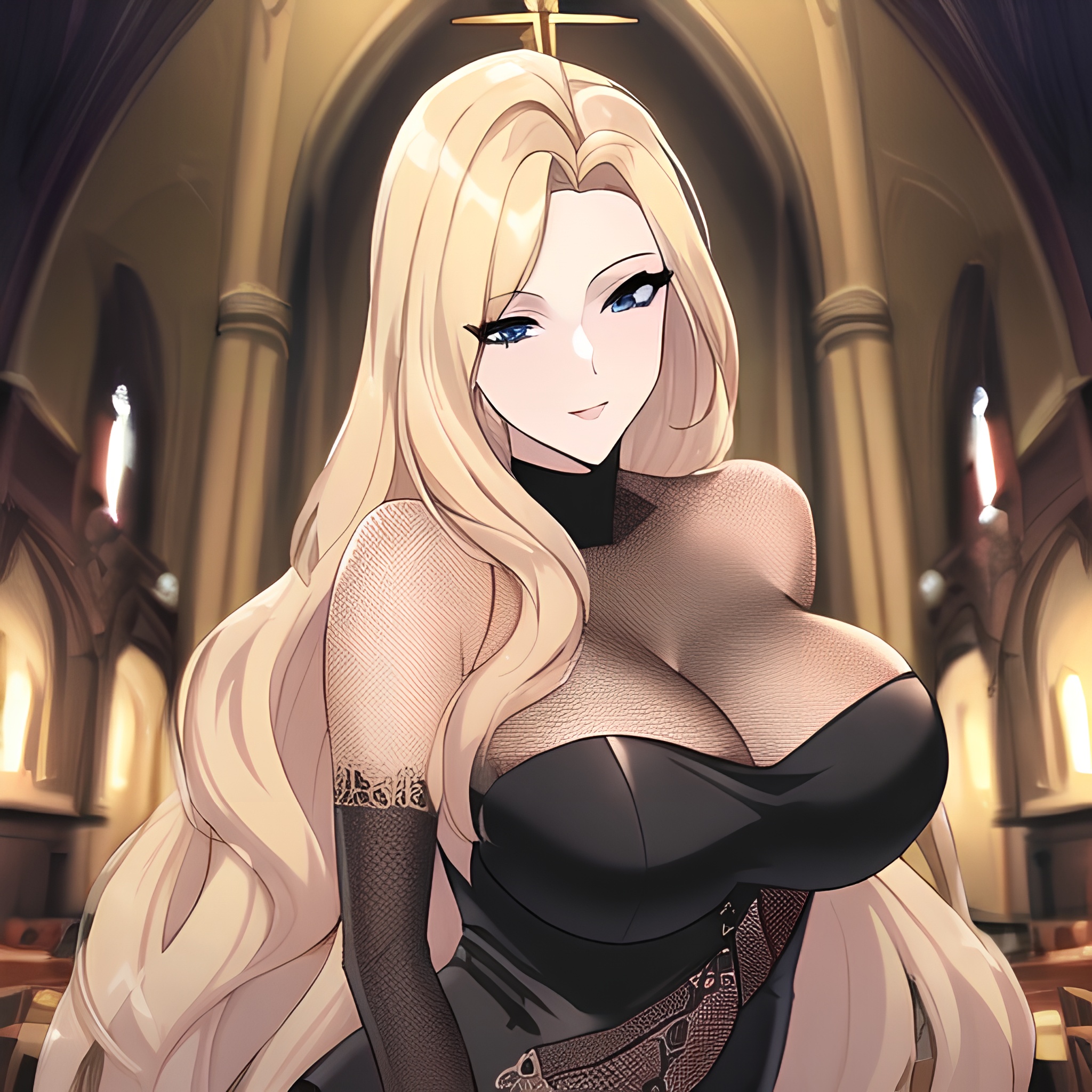 nude church front view small boobs long hair fishnet woman blonde