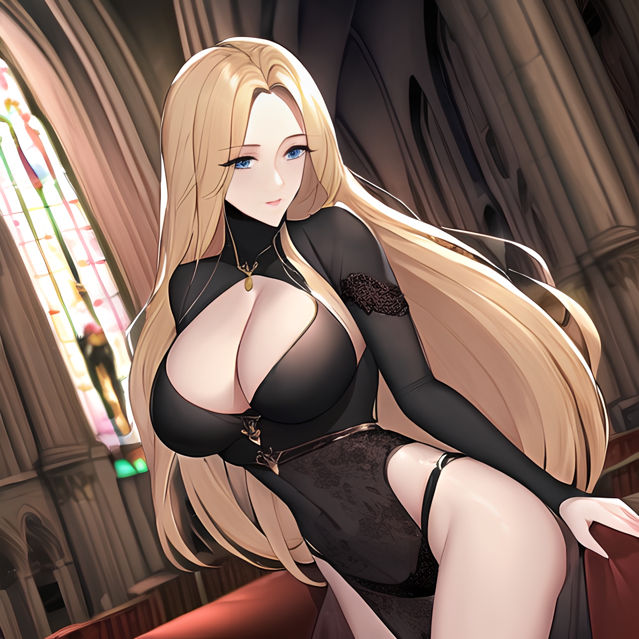 nude church long hair blonde front view small boobs woman fishnet 