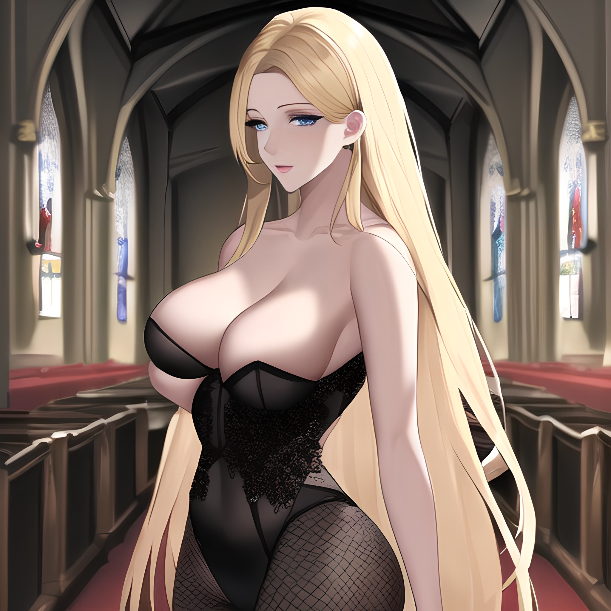 nude church long hair front view small boobs woman fishnet blonde 