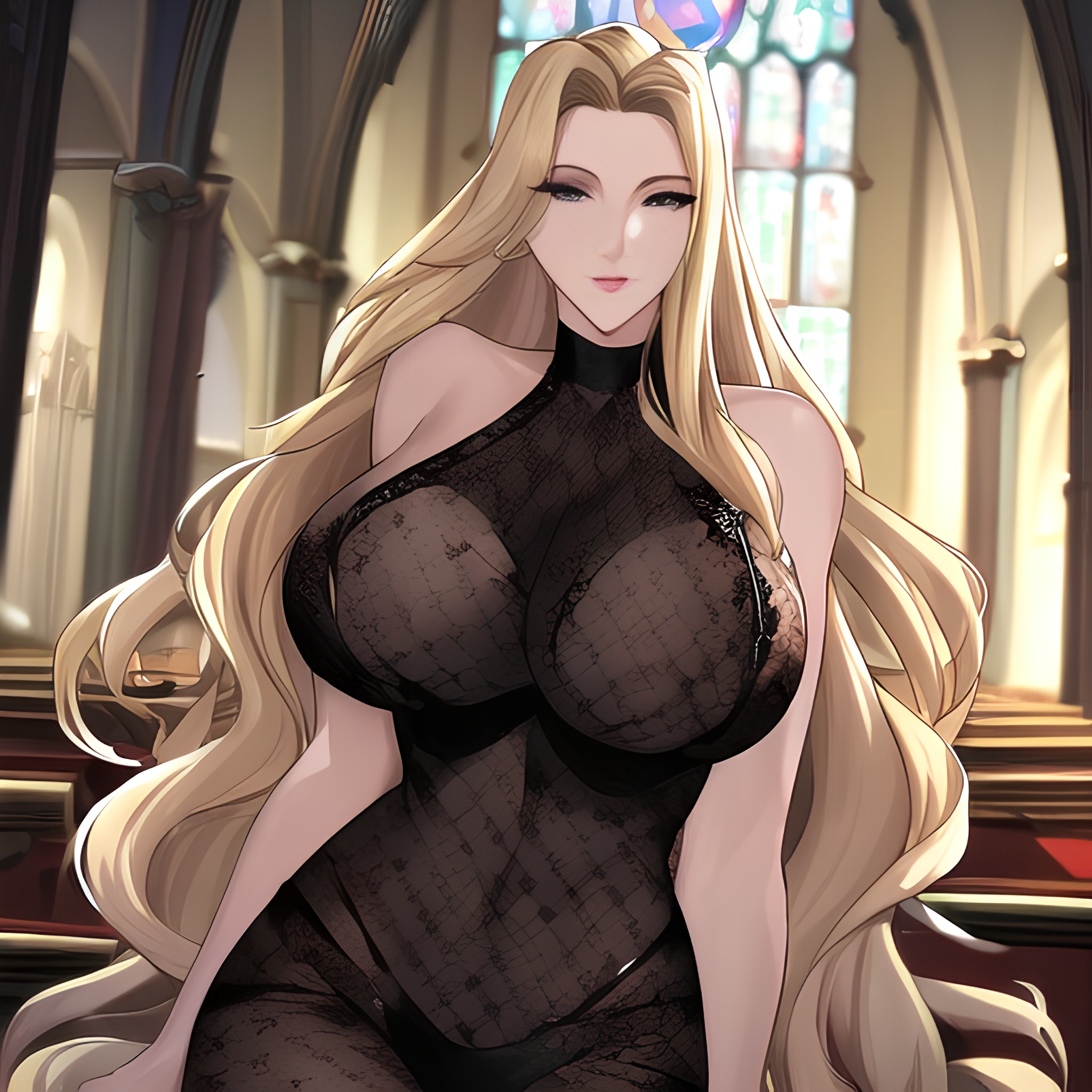 nude church woman long hair small boobs front view fishnet blonde 
