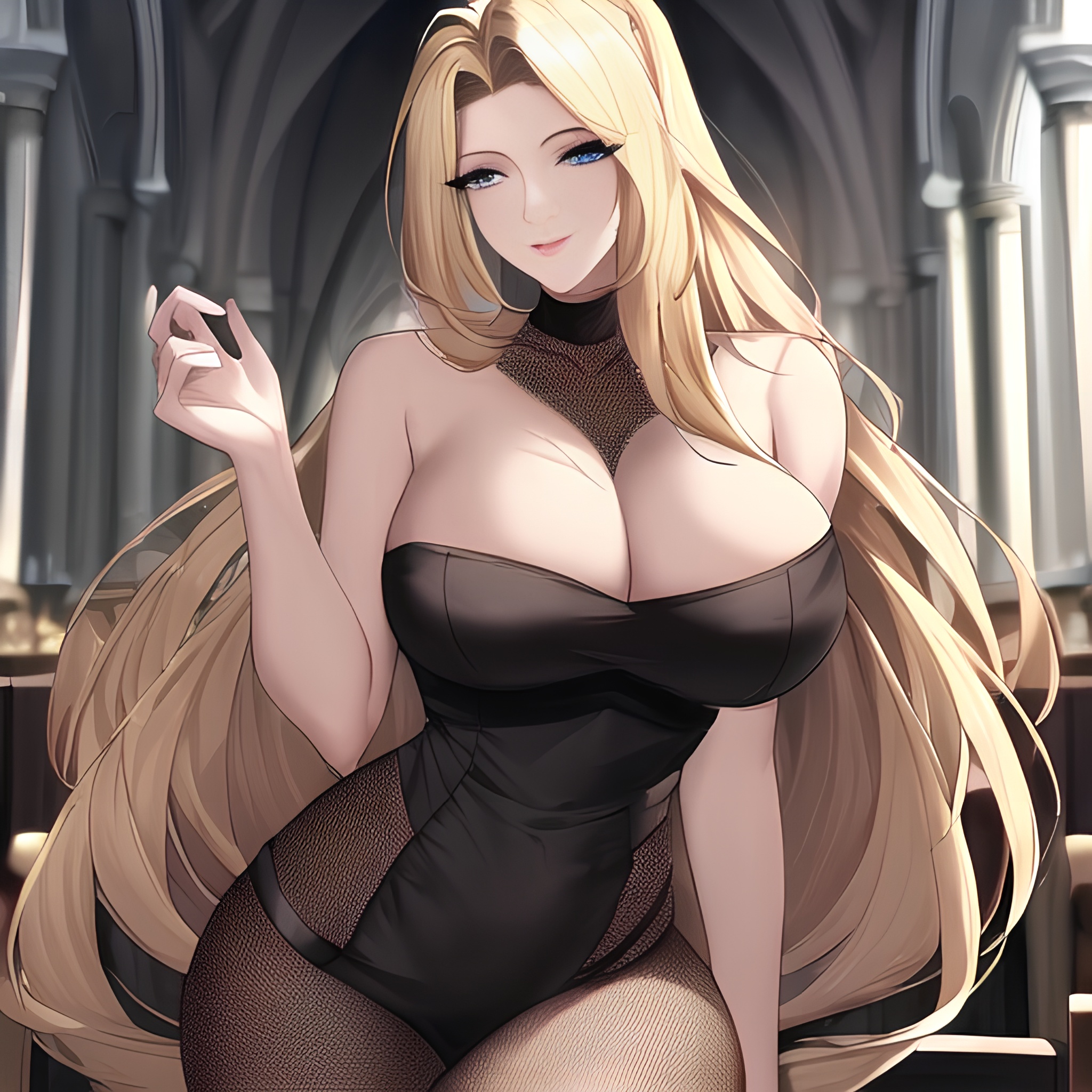 nude fishnet blonde small boobs woman church front view long hair 