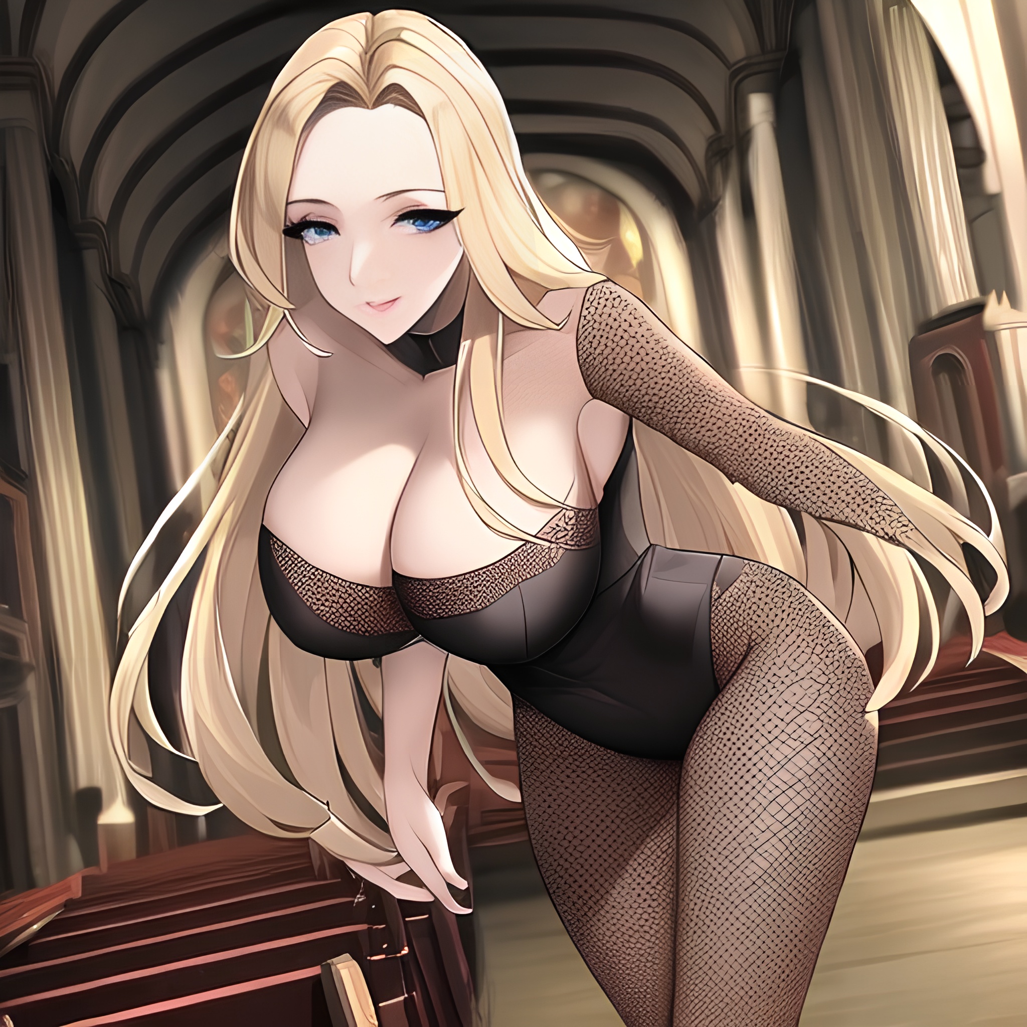 nude fishnet church long hair blonde small boobs front view woman