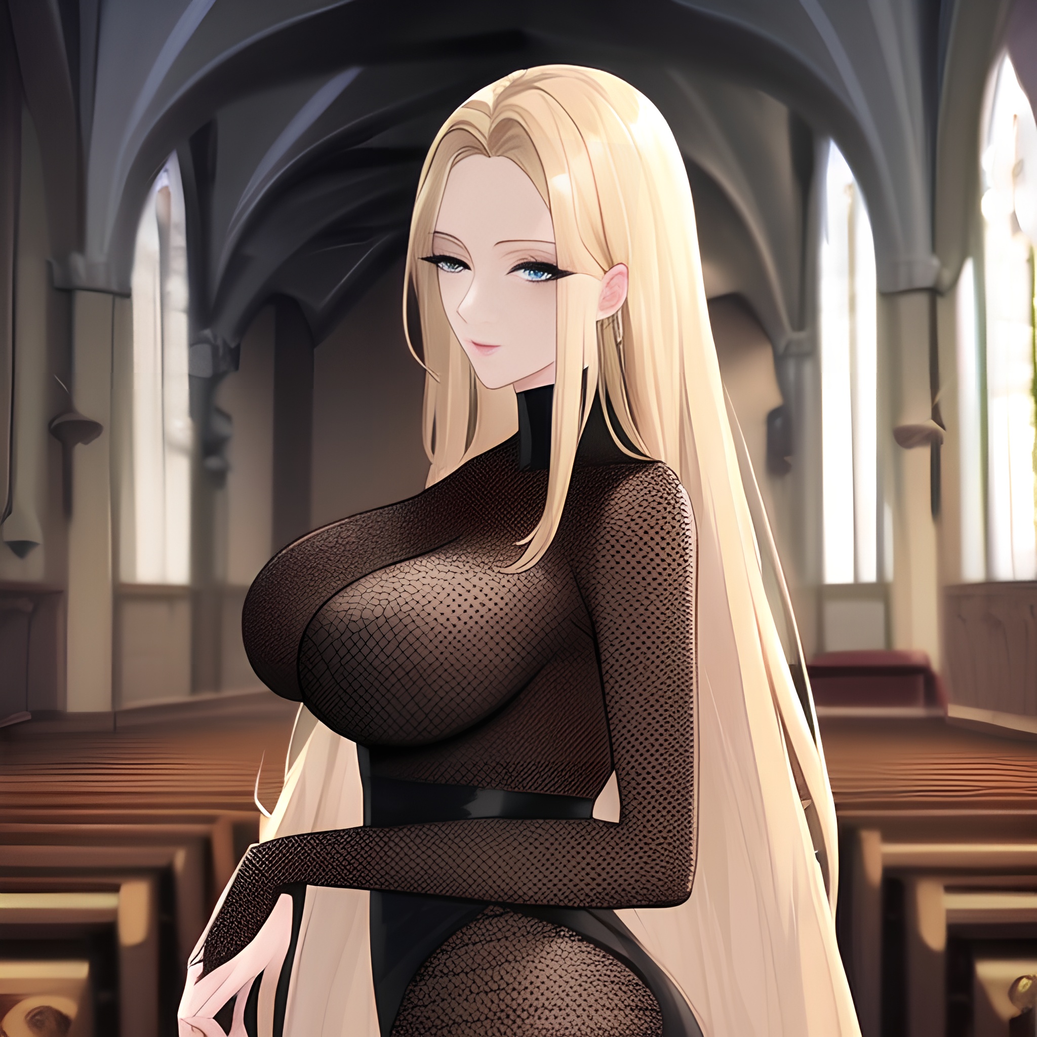 nude fishnet front view church blonde long hair woman small boobs 