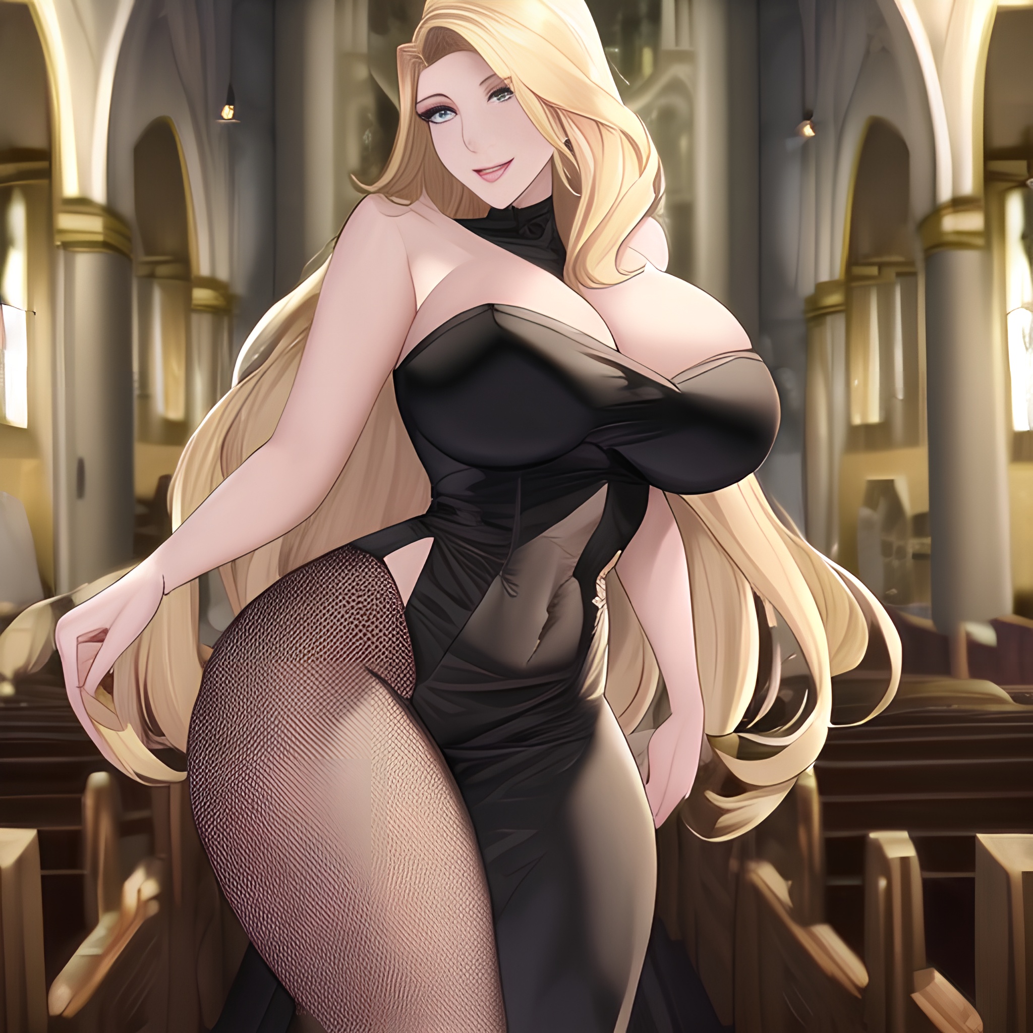 nude fishnet long hair blonde front view woman small boobs church 