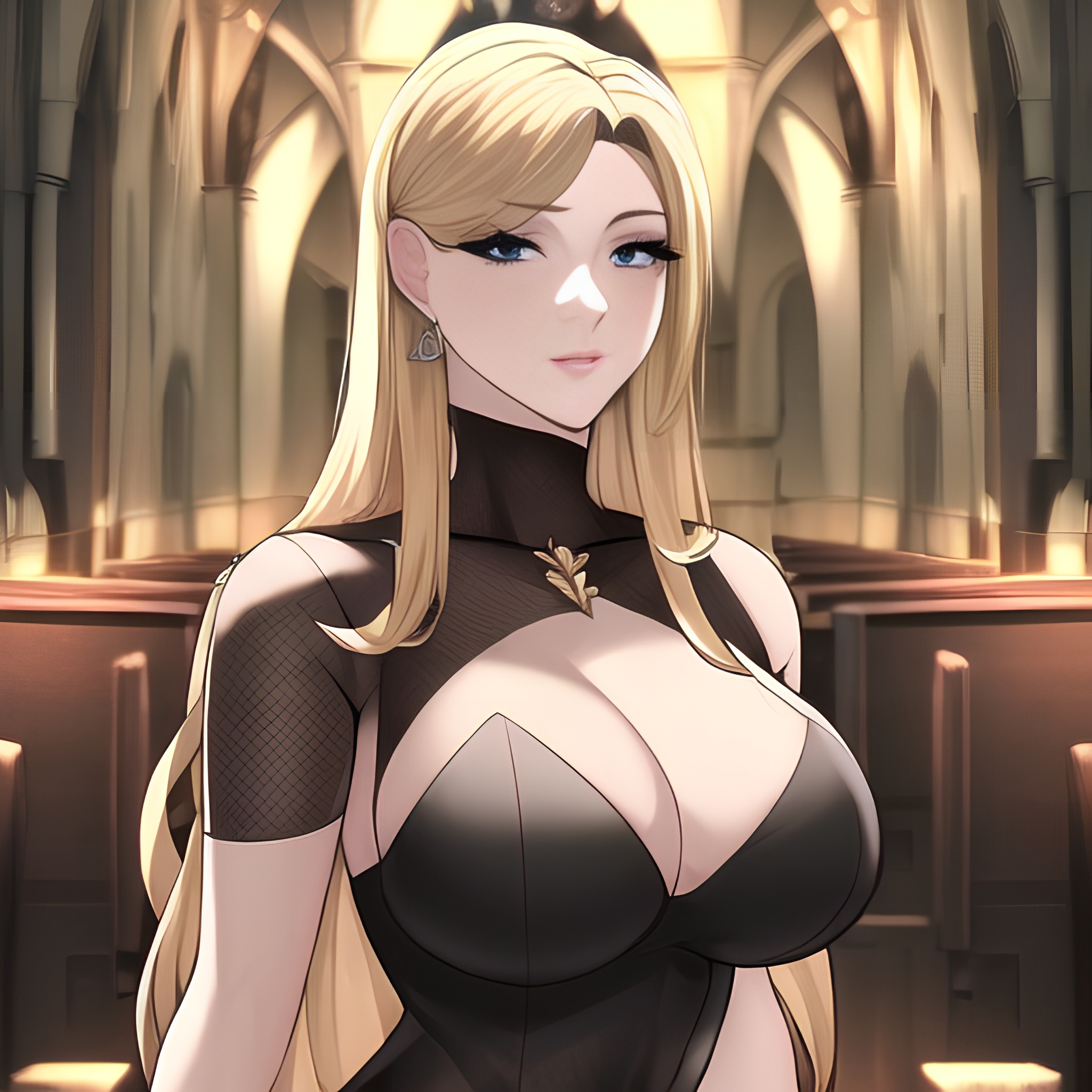 nude fishnet long hair church blonde front view small boobs woman 