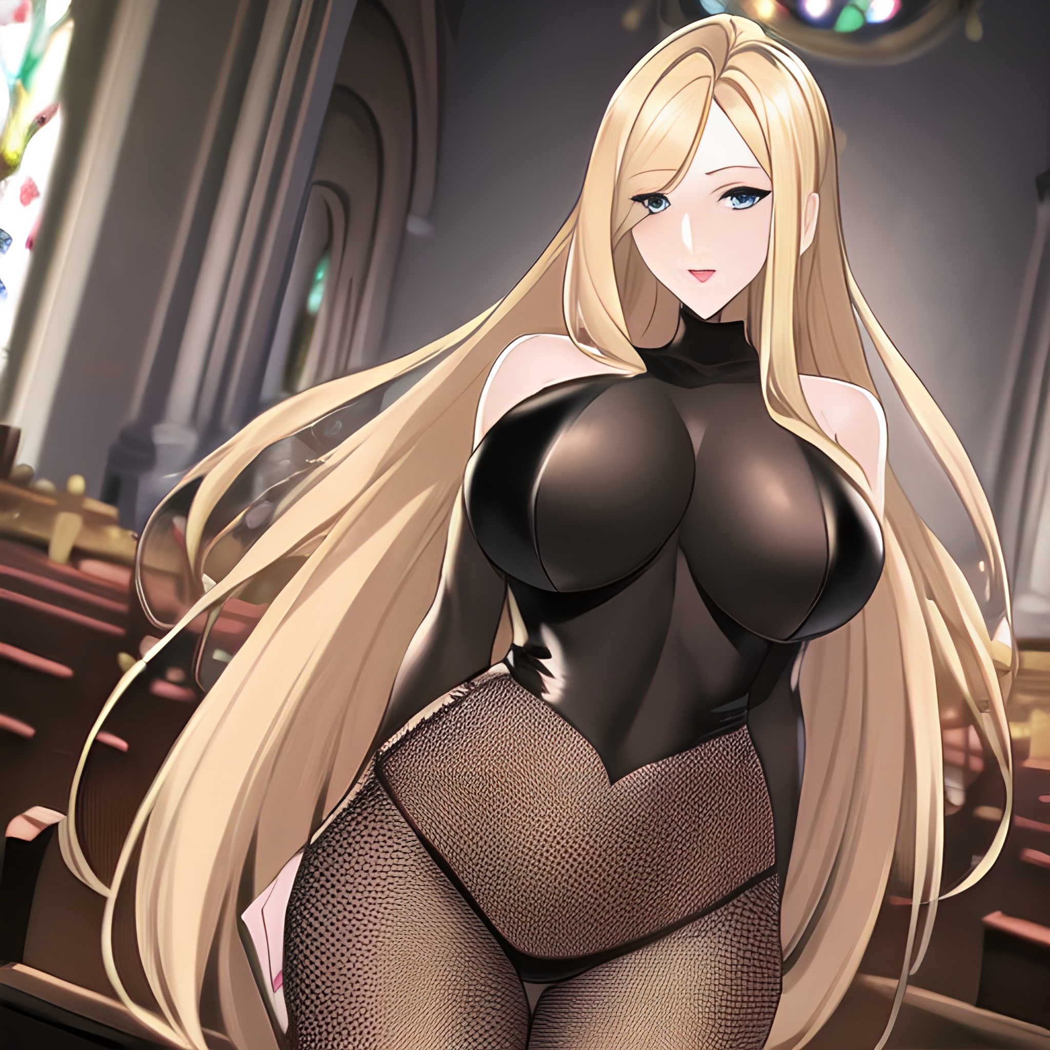 nude fishnet small boobs blonde front view church long hair woman