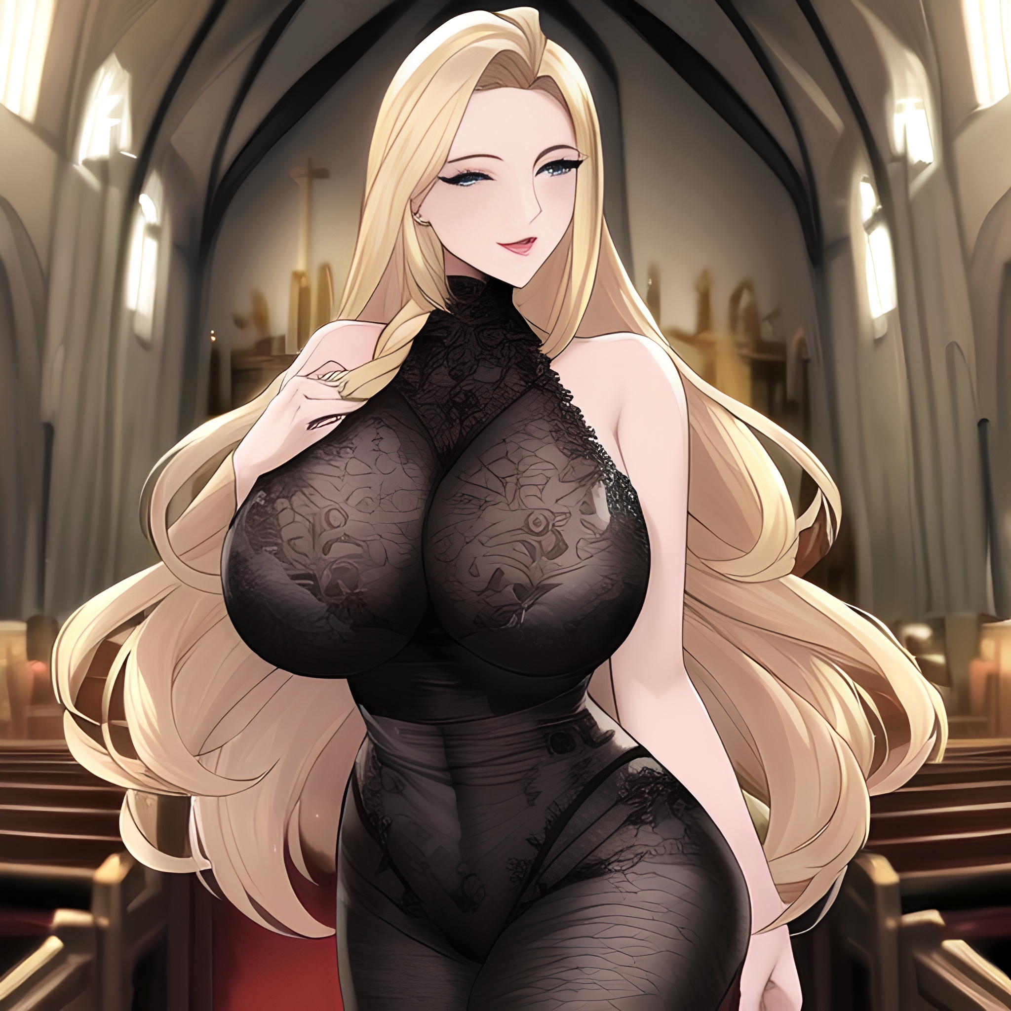 nude fishnet small boobs front view church blonde woman long hair 