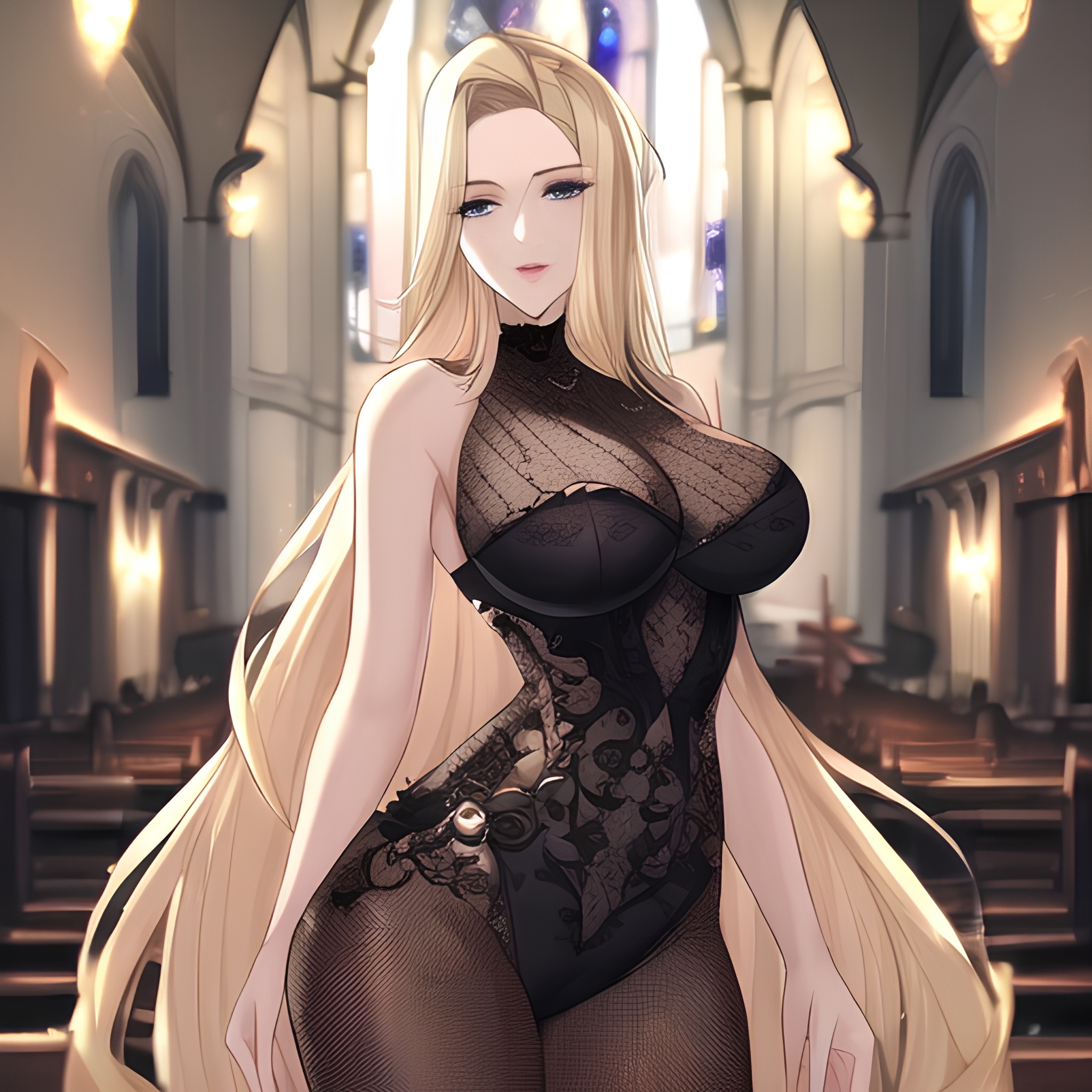 nude fishnet small boobs front view long hair church woman blonde
