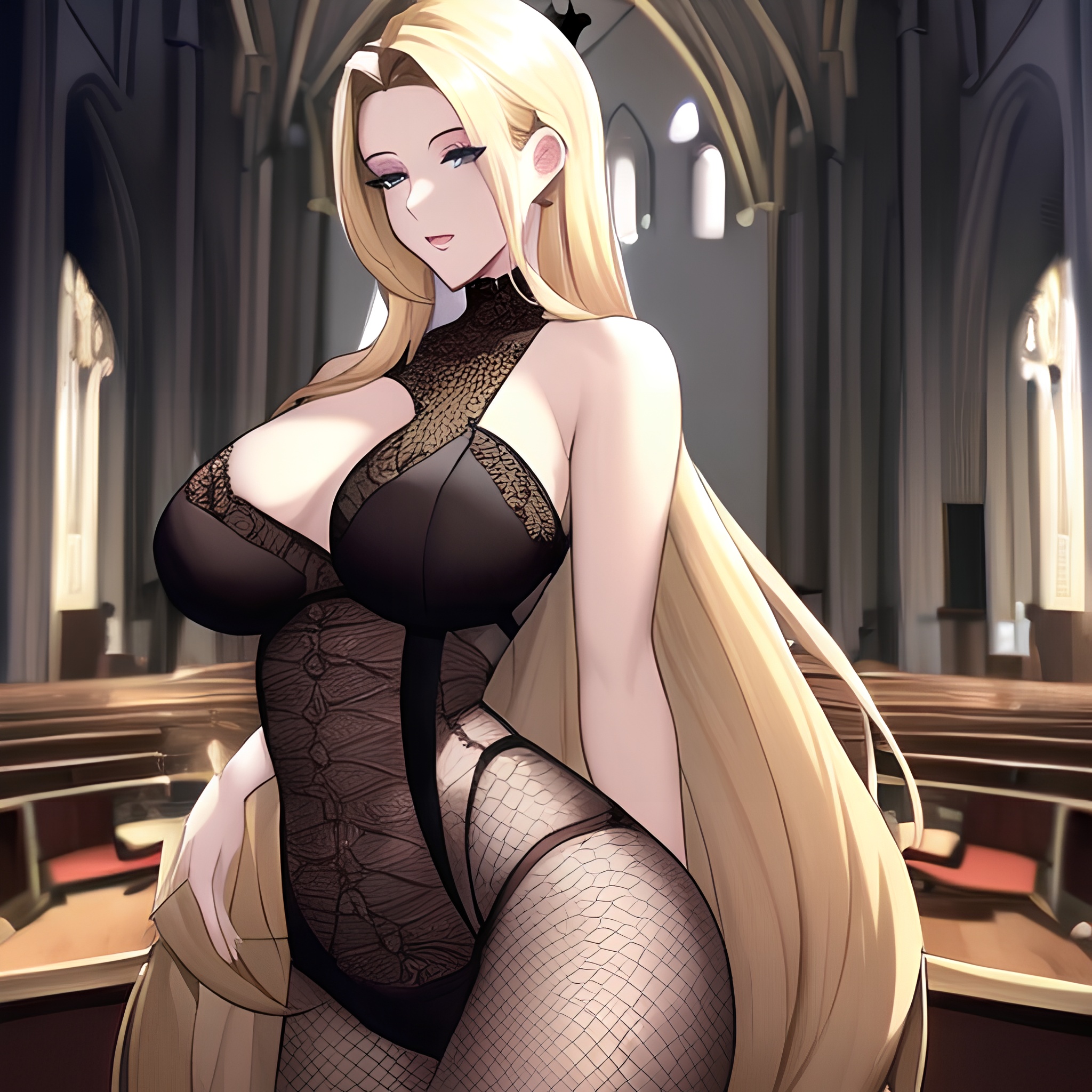 nude fishnet woman long hair small boobs front view church blonde 